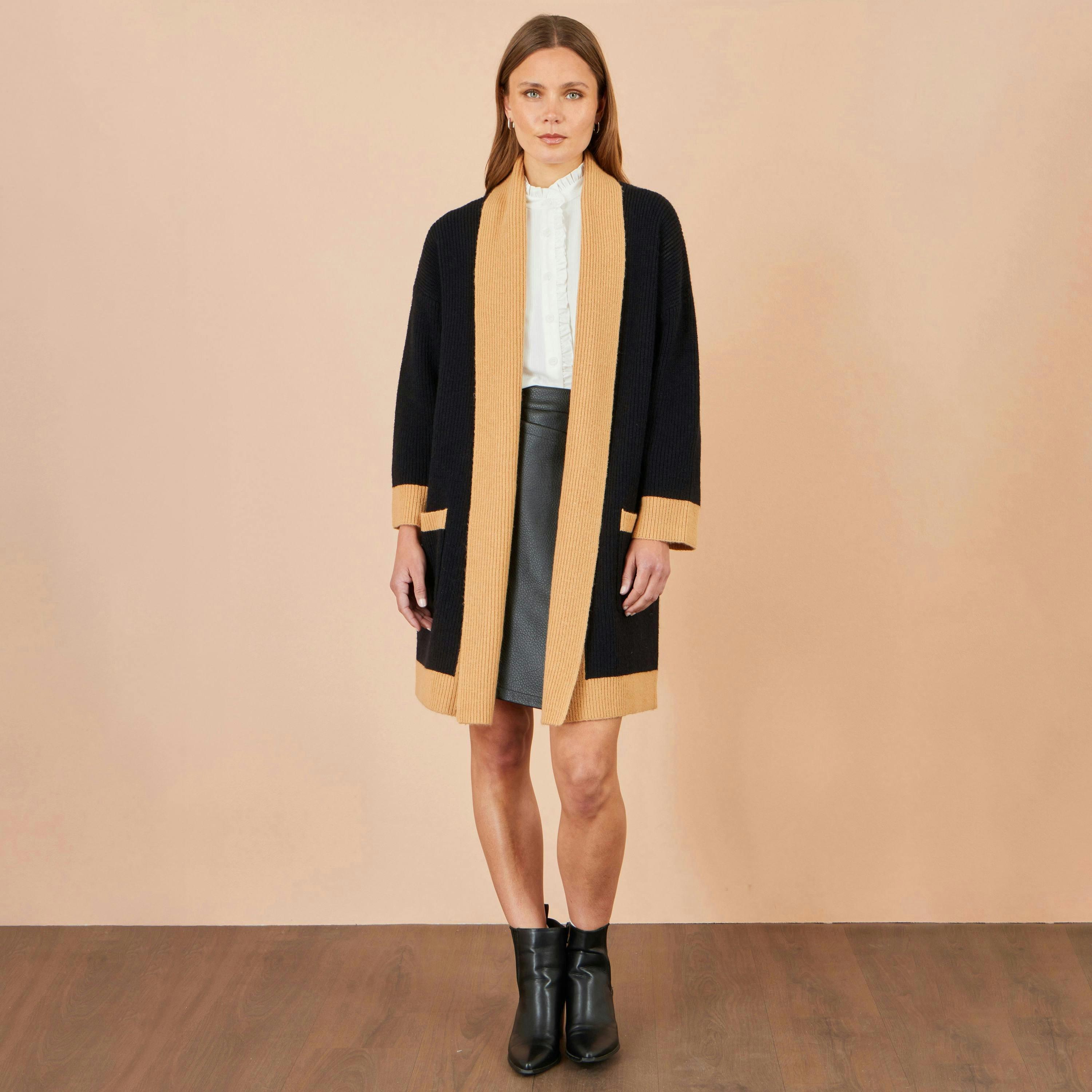 Yumi Black Open Cardigan With Contrast Border , view 2 of 4