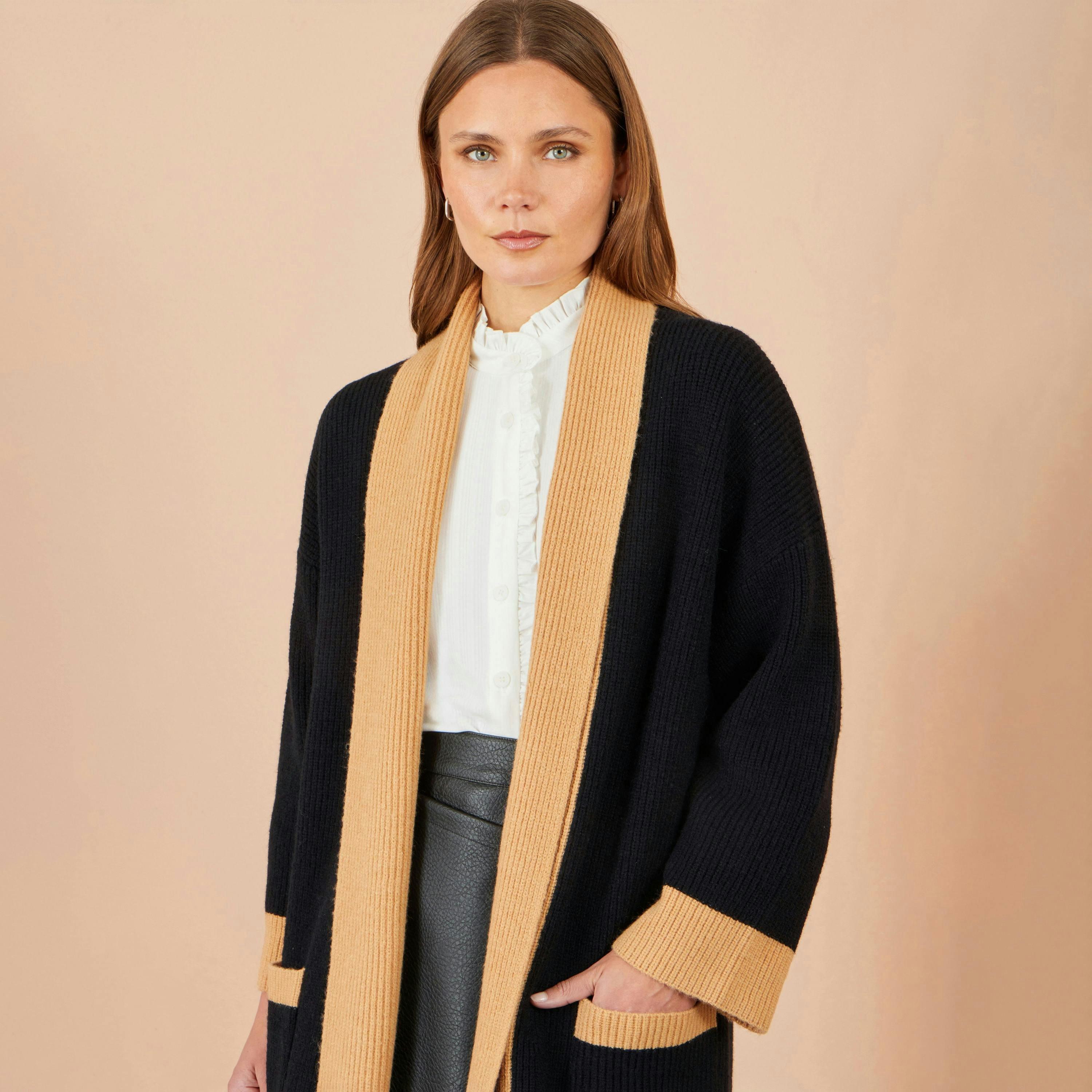 Yumi Black Open Cardigan With Contrast Border , view 4 of 4