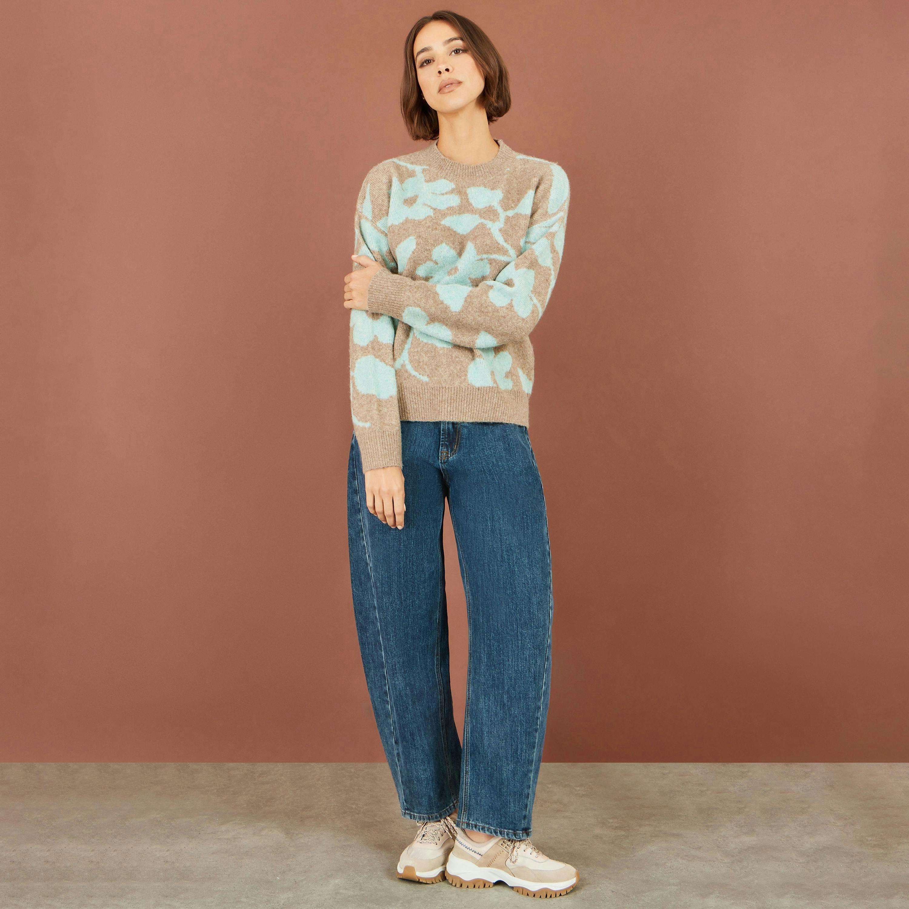 Yumi Brown Floral Intarsia Relaxed Fit Jumper , view 2 of 5