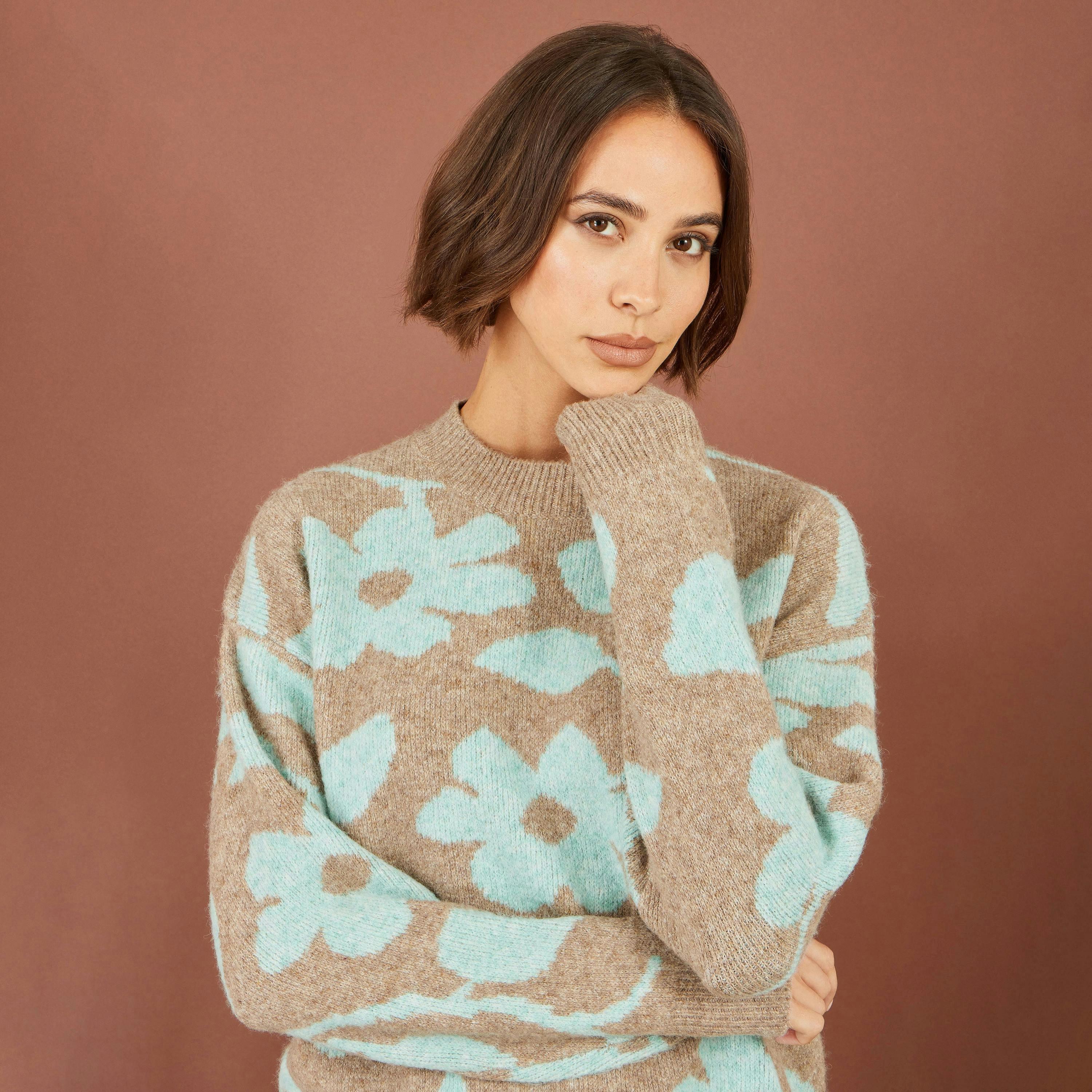 Yumi Brown Floral Intarsia Relaxed Fit Jumper , view 4 of 5