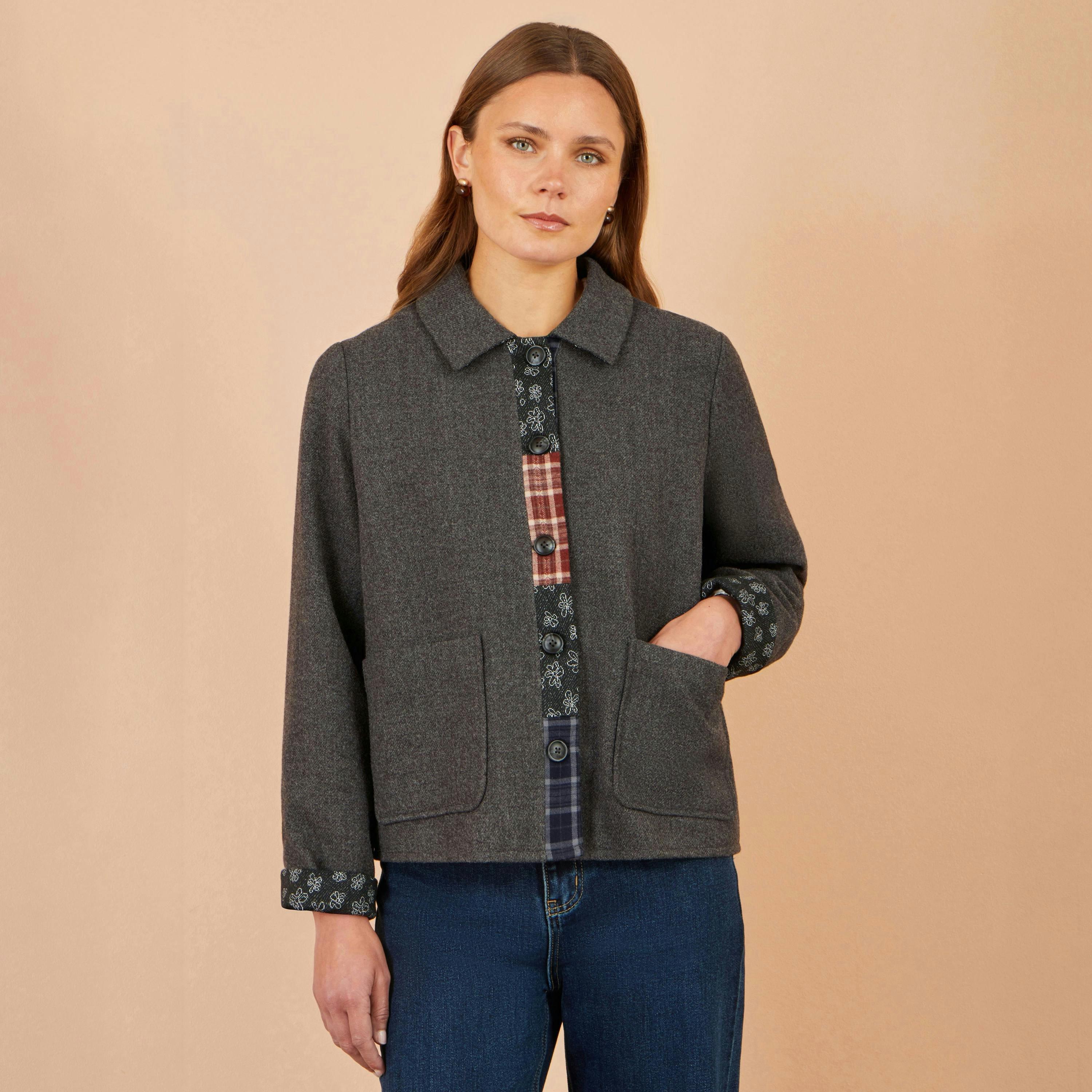 Yumi Grey Patchwork Boxy Jacket , view 2 of 5