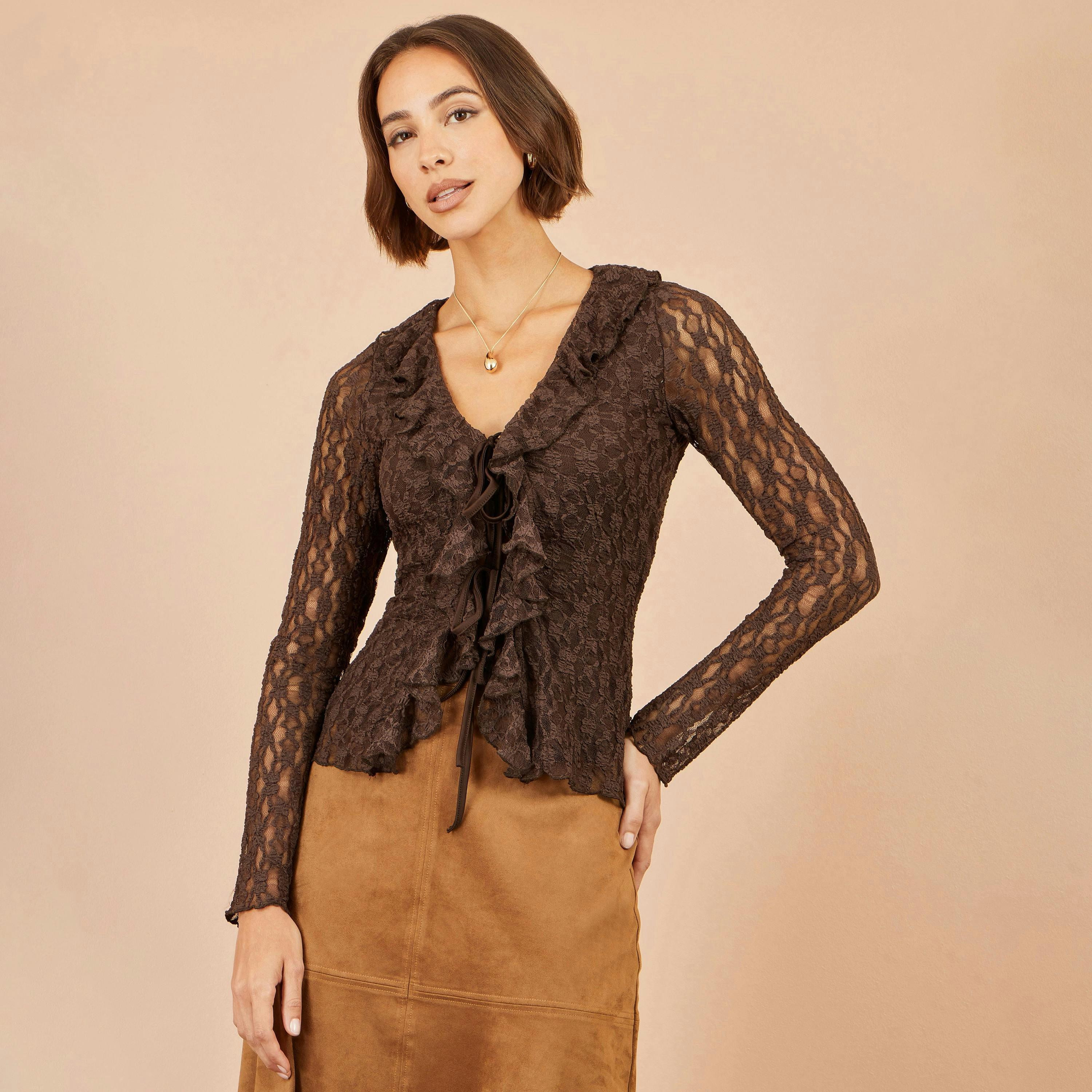 Yumi Brown Ruffle Lace Top , view 2 of 5