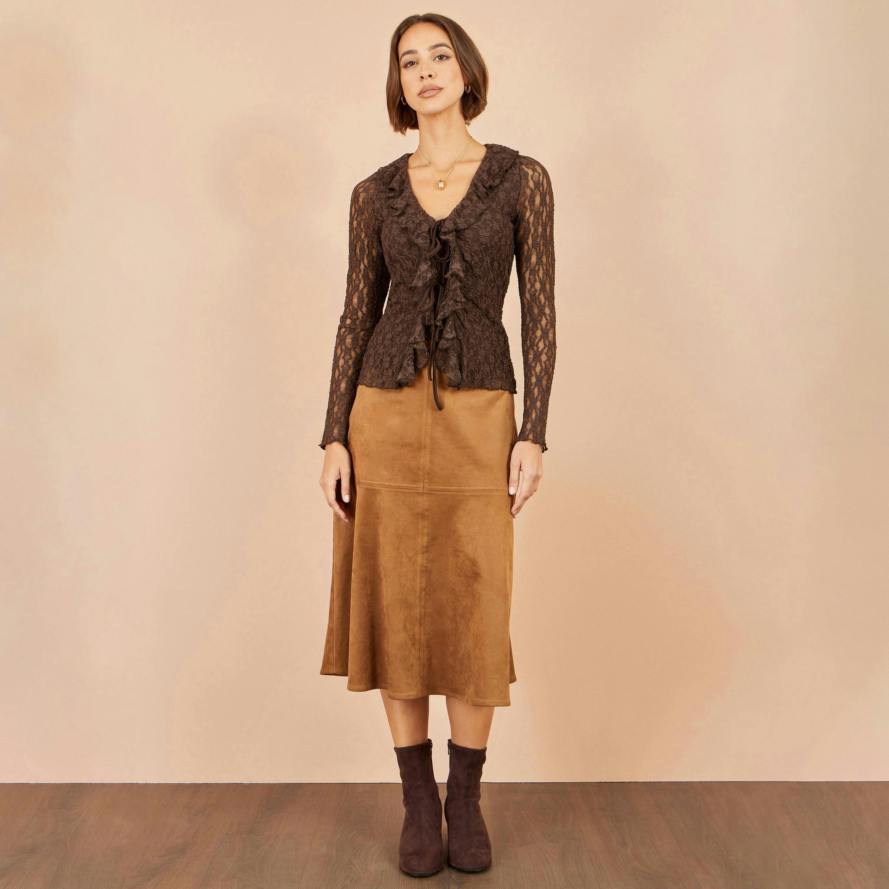 Yumi Brown Ruffle Lace Top , view 3 of 5