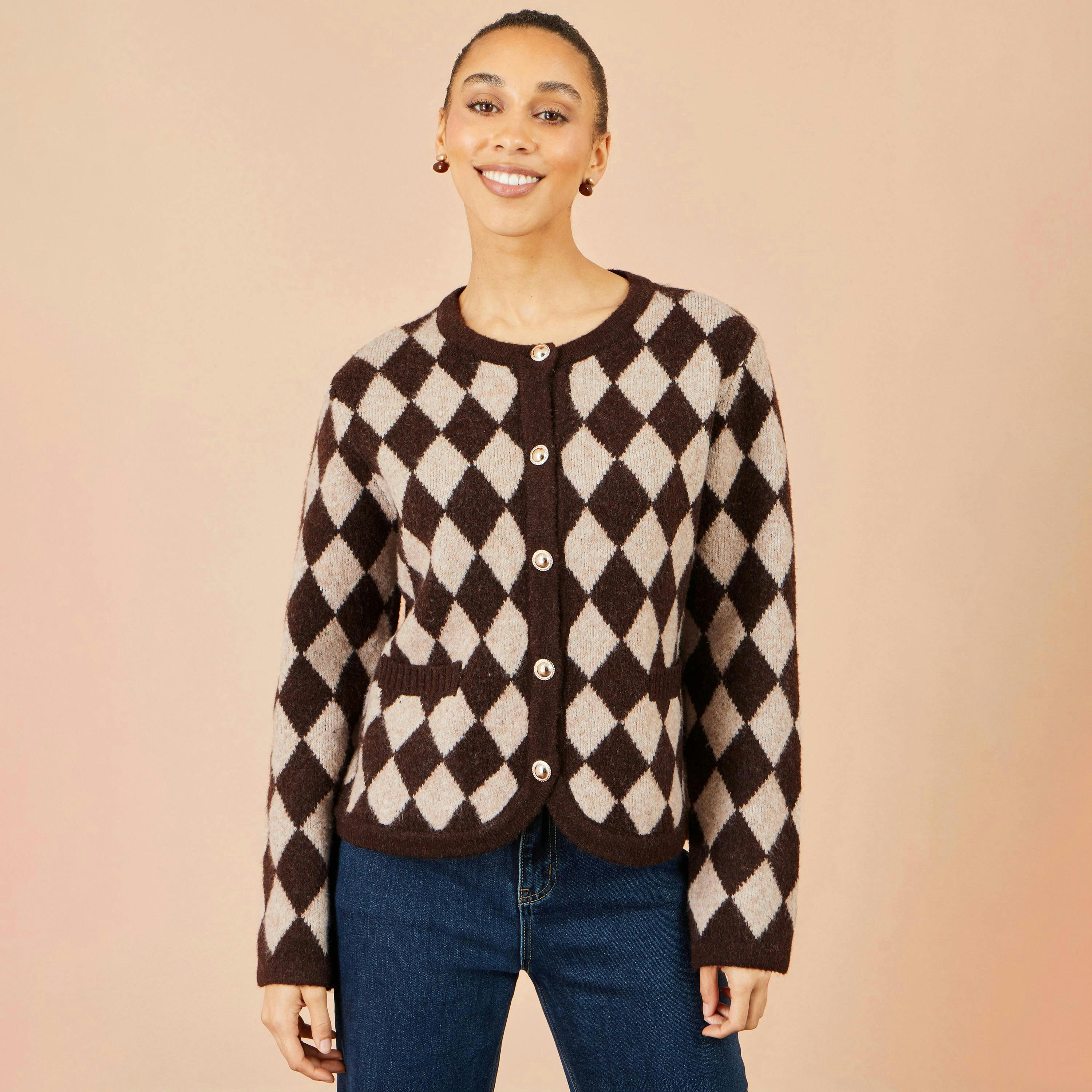 Yumi Brown Argyll Knit Cardigan , view 2 of 5
