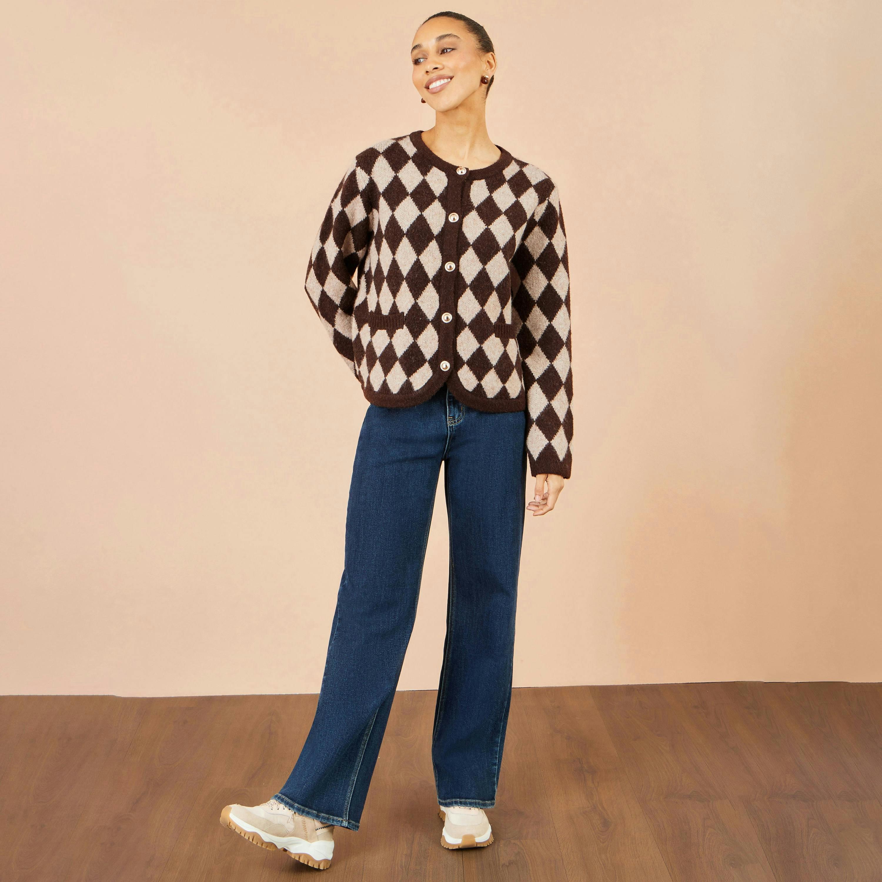 Yumi Brown Argyll Knit Cardigan , view 3 of 5