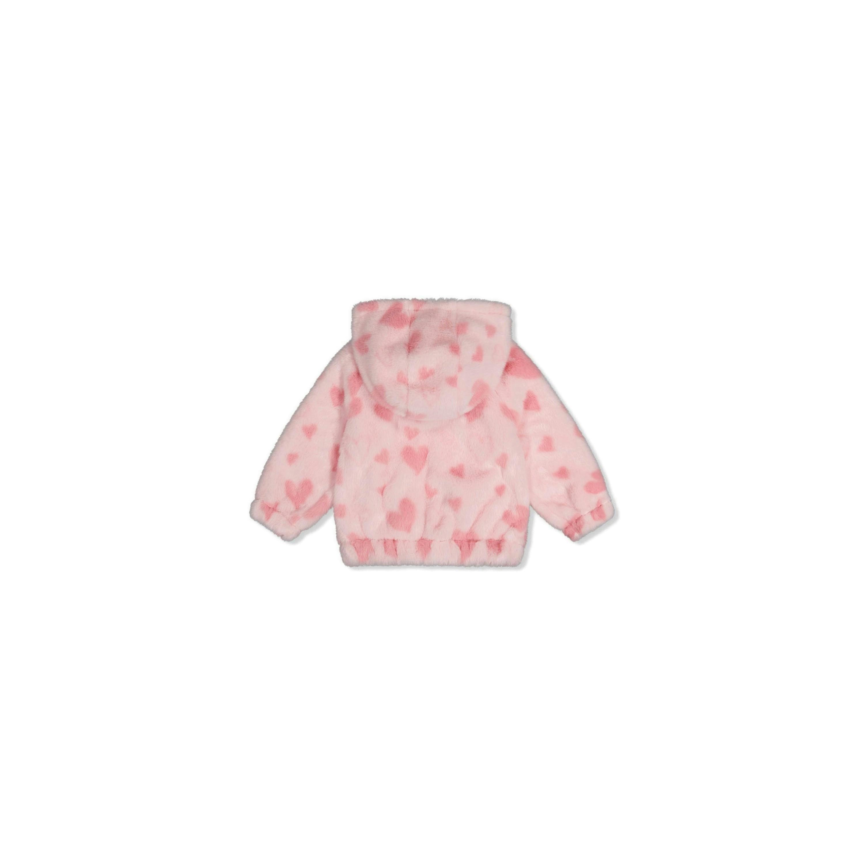 Baby Hooded Full Zip Faux Fur Jacket Pink Printed With Hearts , view 2 of 3