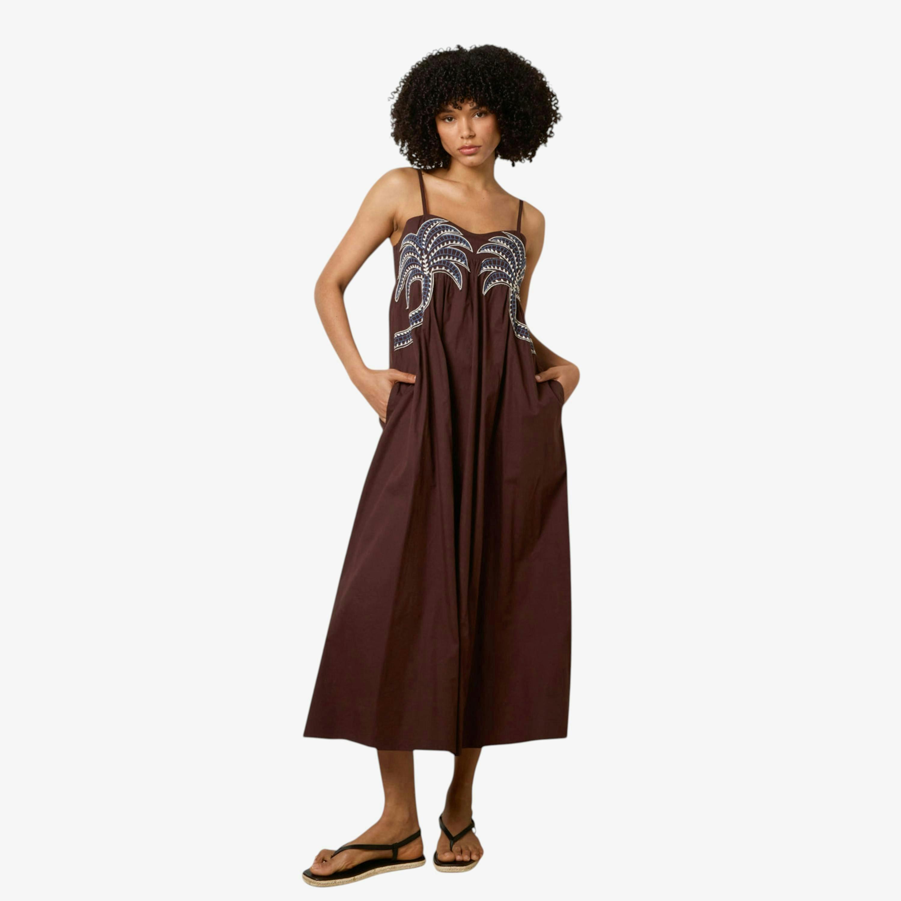 Blue Vanilla Palm Tree Embroidery Smock Dress  in Brown , view 1 of 1