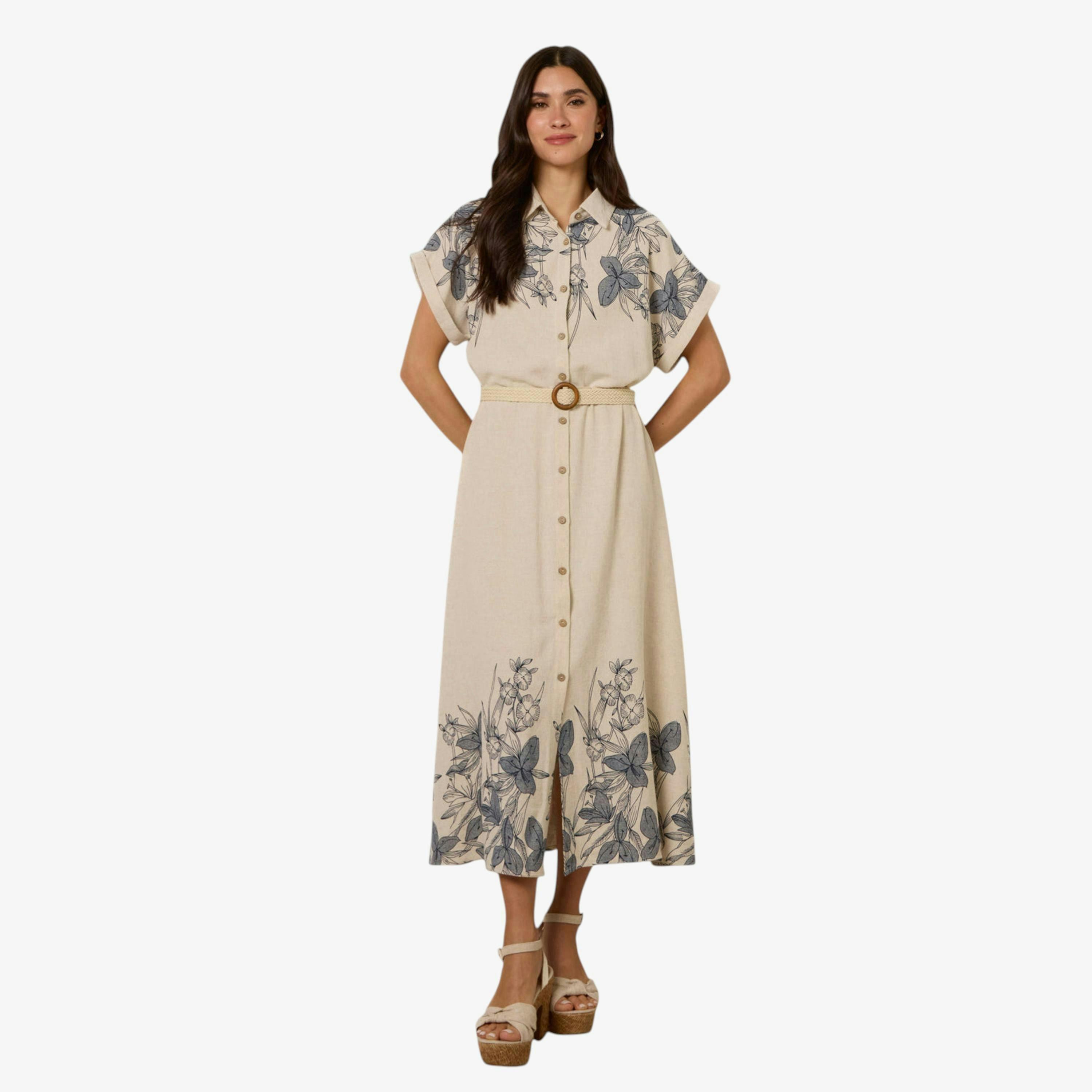 Blue Vanilla Printed Linen Belted Dress   in  Ivory , view 1 of 1