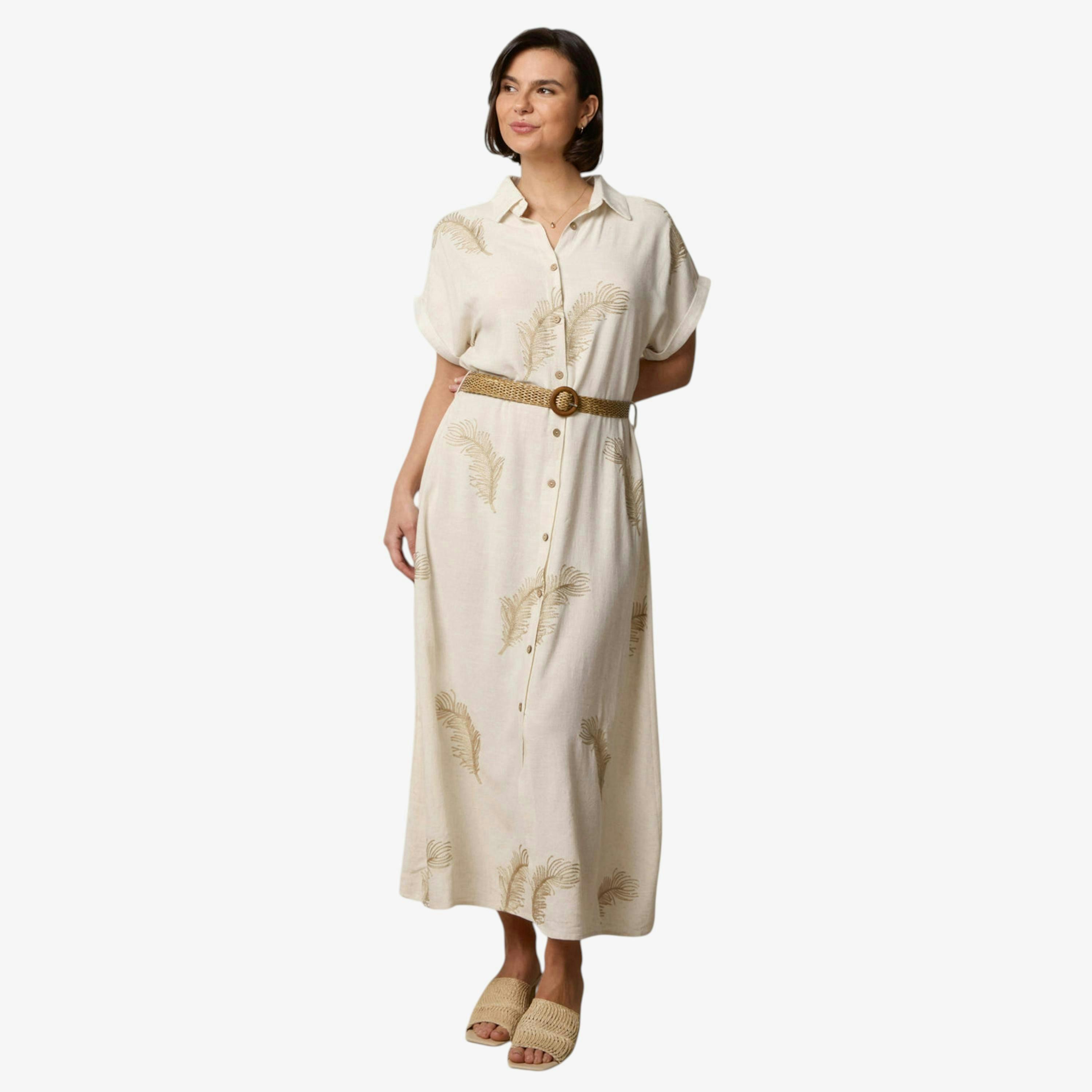 Blue Vanilla Linen Belted Dress With Feather Embroidery  in Ivory , view 1 of 1