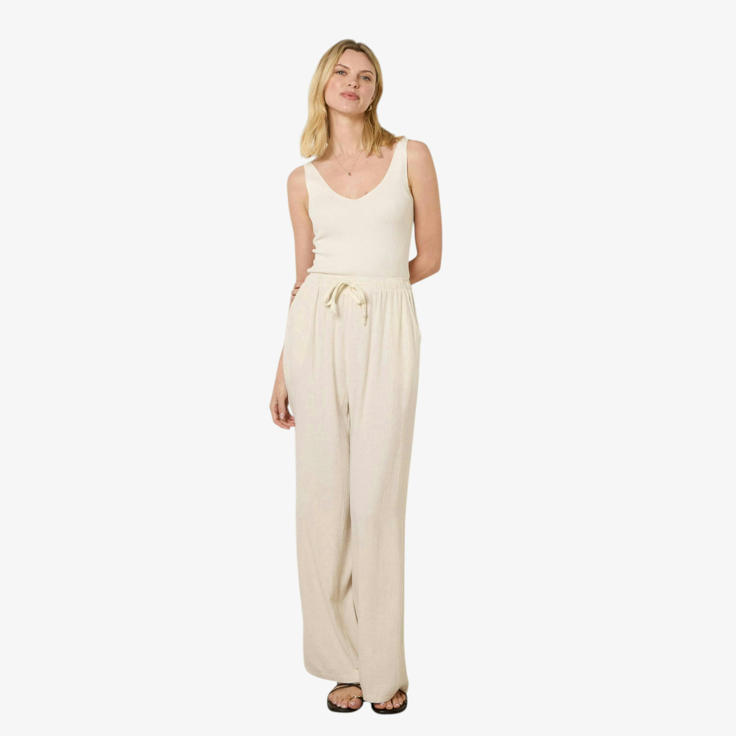 Blue Vanilla Linen-Blend Drawstring Trousers  in Ivory , view 1 of 1