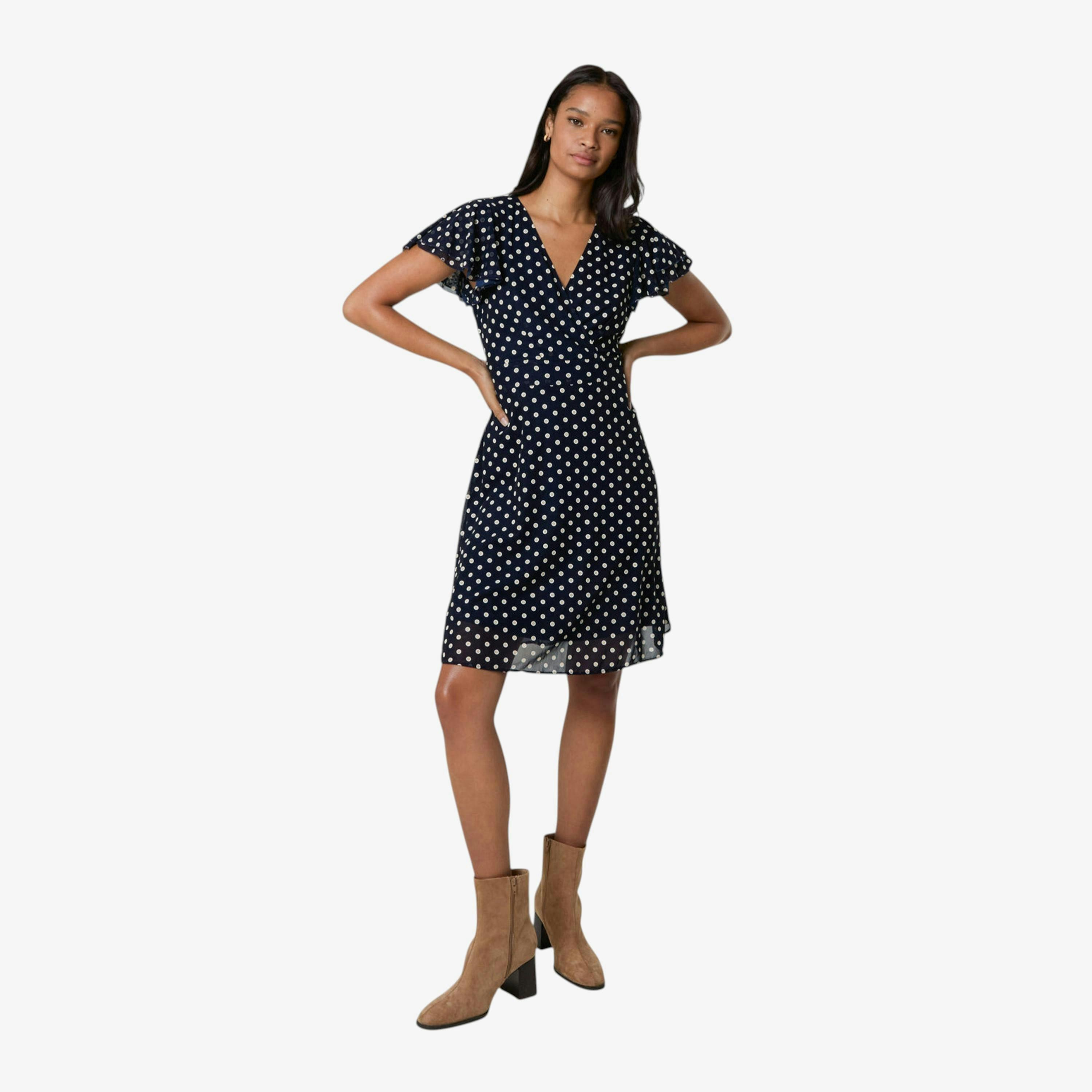 Blue Vanilla Polka Dot Mesh Frill Sleeve Wrap Dress With Tie Waist  in Navy , view 1 of 1