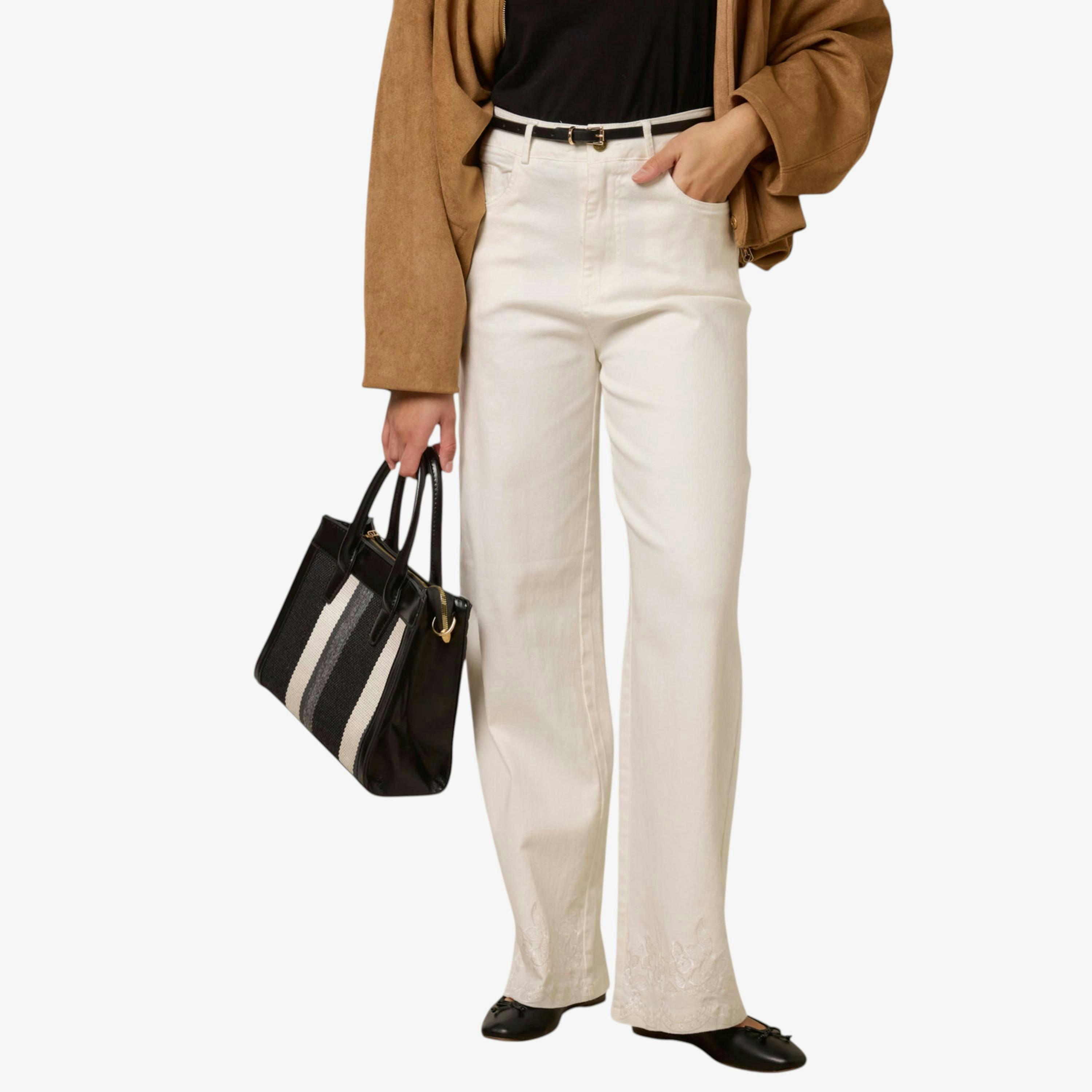 Blue Vanilla Floral Embroidered Detailed Flared Jeans  in White , view 1 of 1