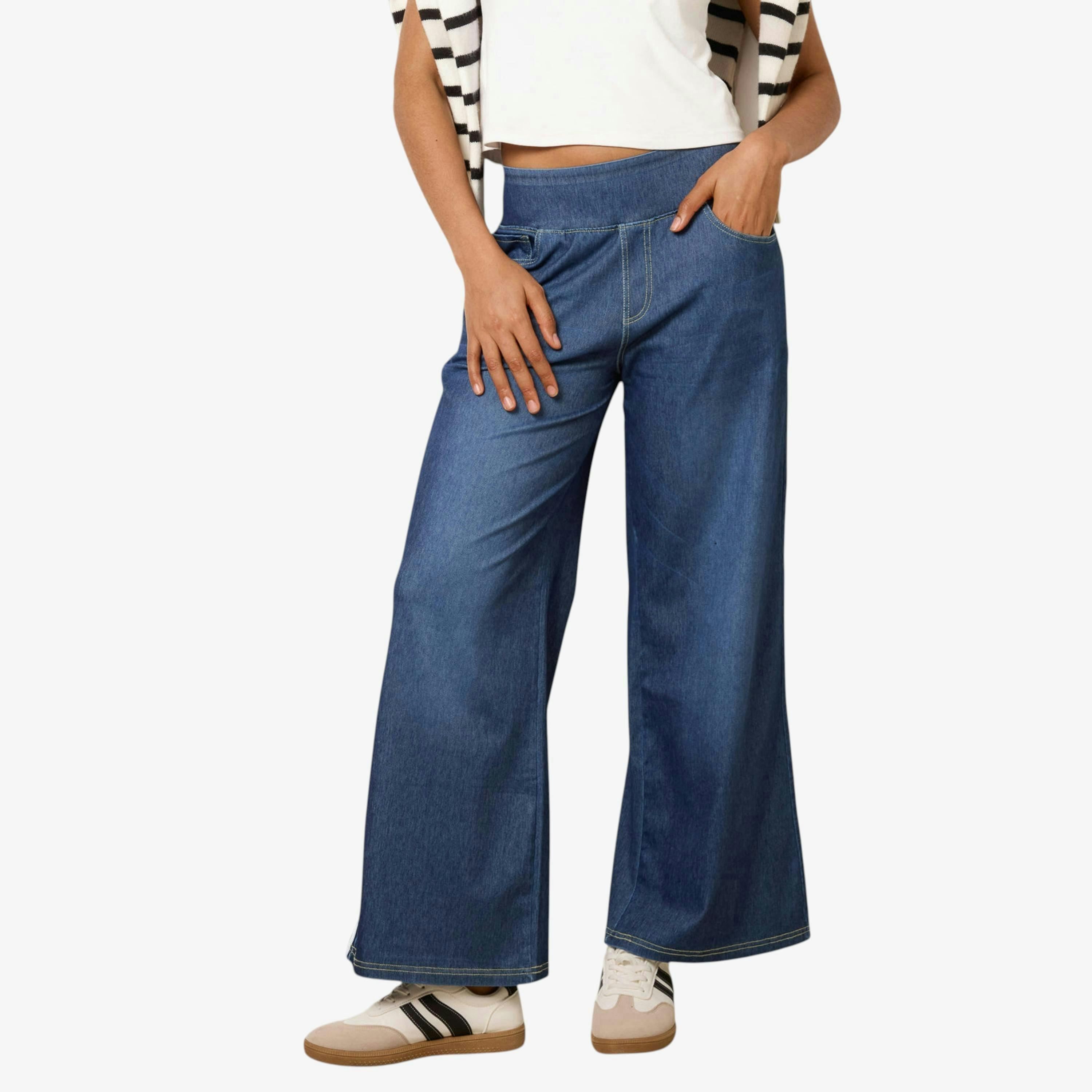Blue Vanilla Multi Stretch Side Stripe Deep Waistband Trousers  in Blue , view 1 of 1