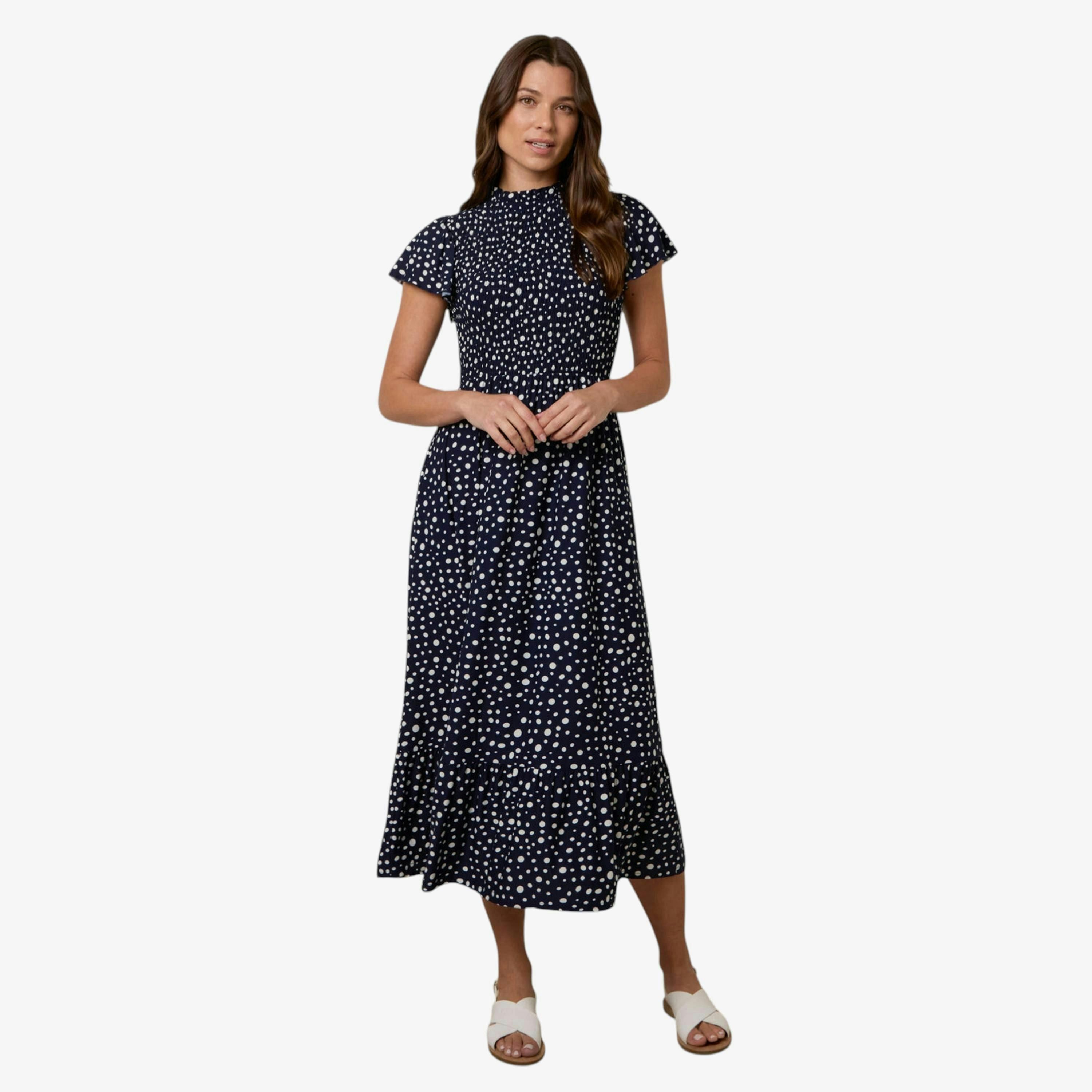 Blue Vanilla Polka Dot Shirred Frill Neck Midi Dress  in Navy , view 1 of 1