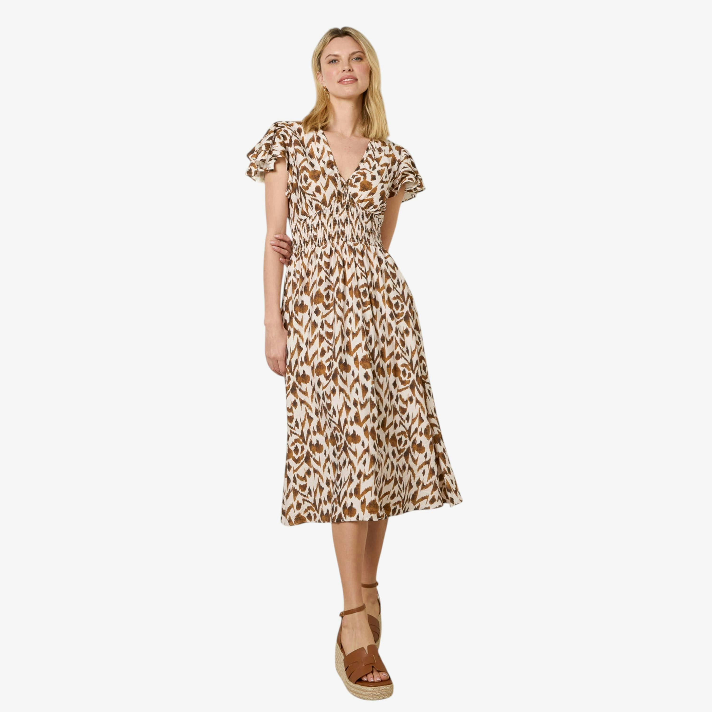 Blue Vanilla Printed V Neck Frill Sleeve Midi Dress  in Beige , view 1 of 1