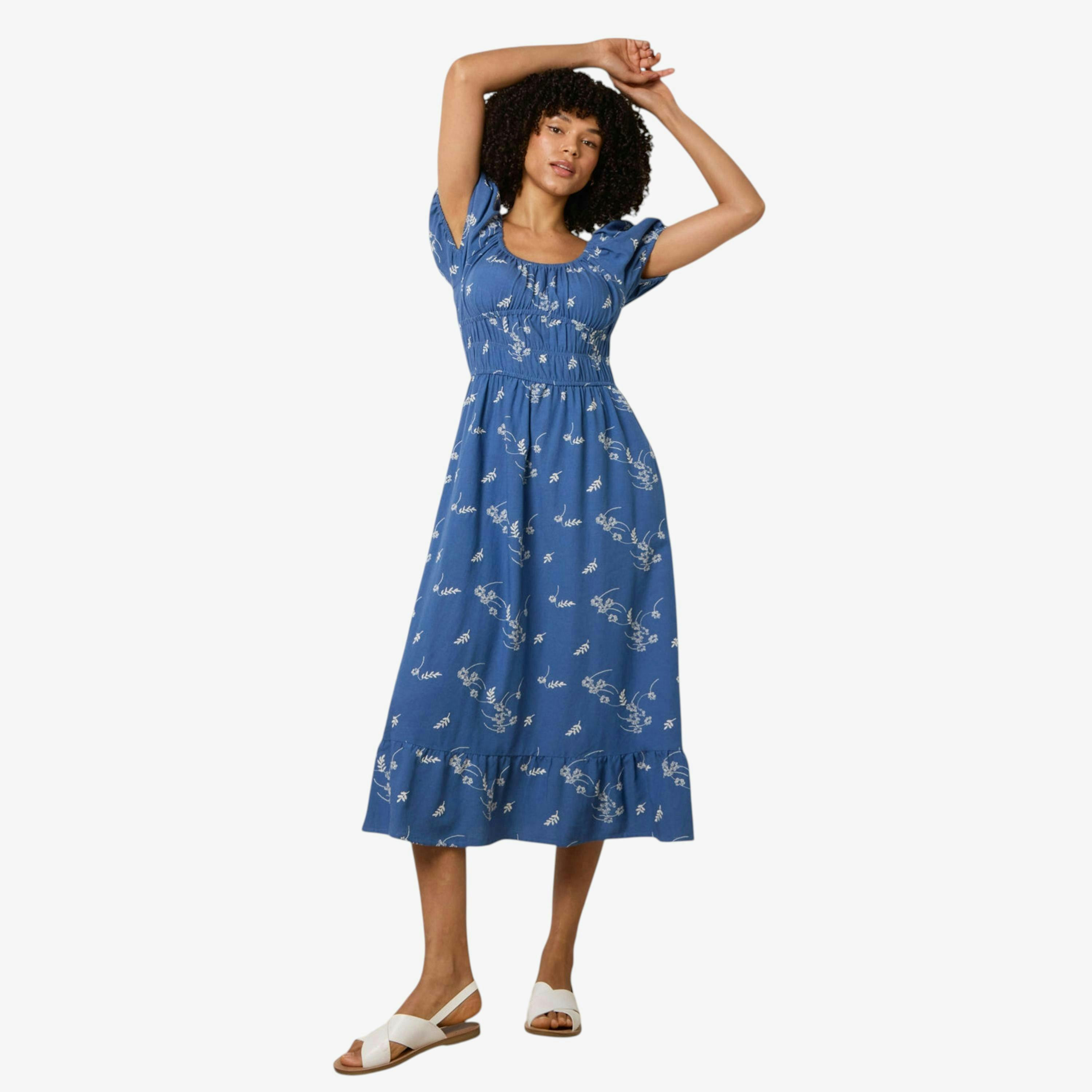 Blue Vanilla Embroidery Milkmaid Midi Dress   in  Blue , view 1 of 1