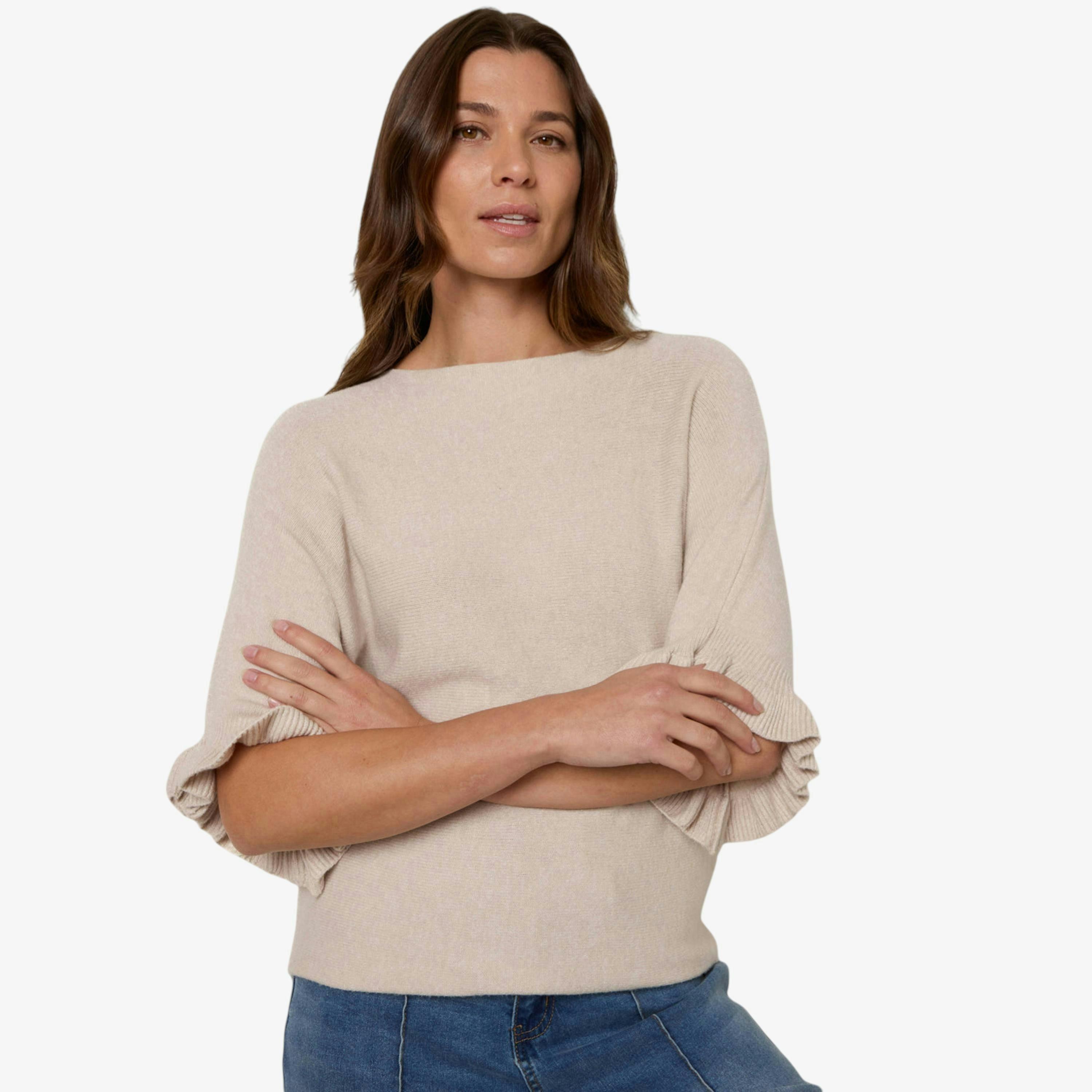 Blue Vanilla Knitted Frill Sleeve Batwing Jumper   in  Beige , view 1 of 1