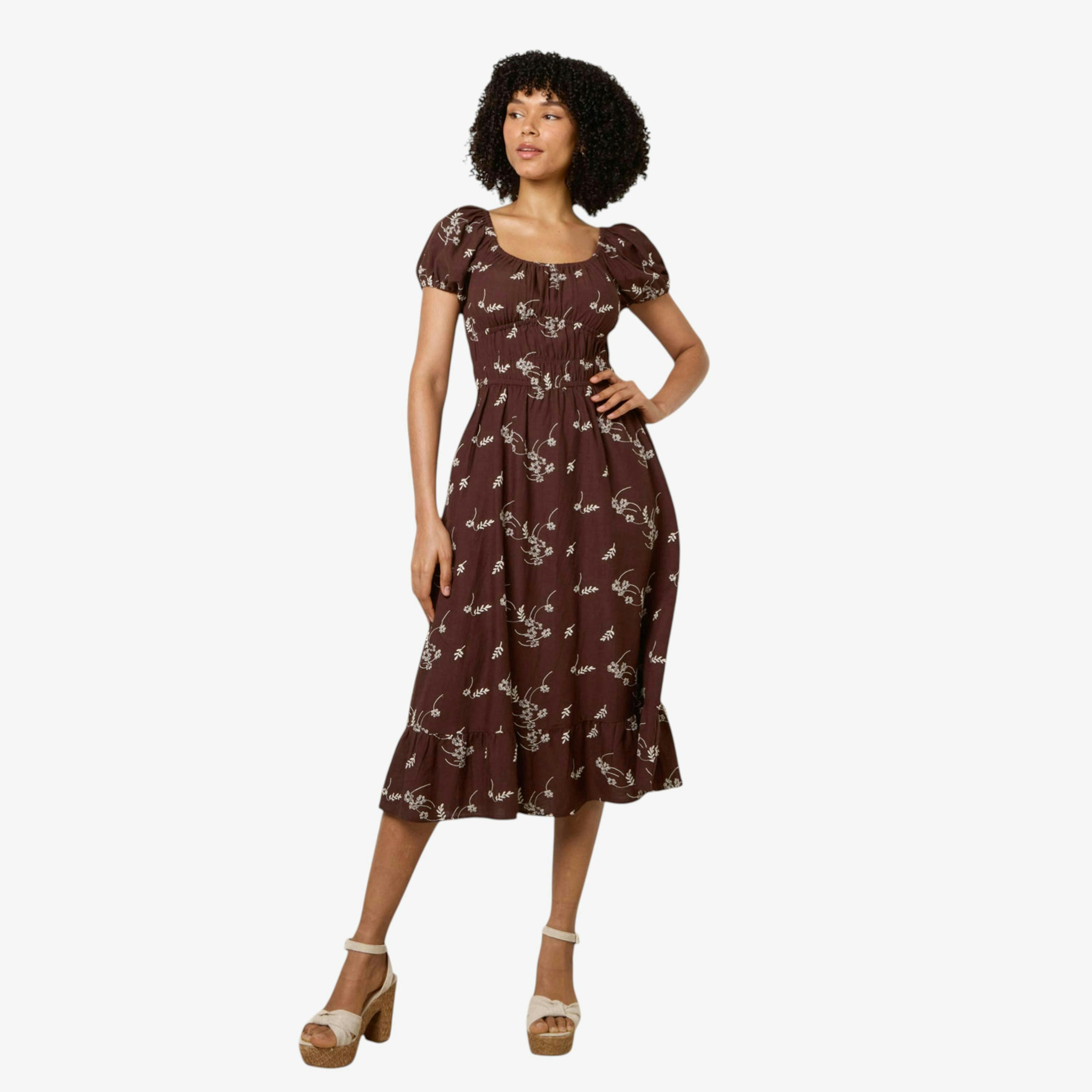 Blue Vanilla Embroidery Milkmaid Midi Dress  in Brown , view 1 of 1