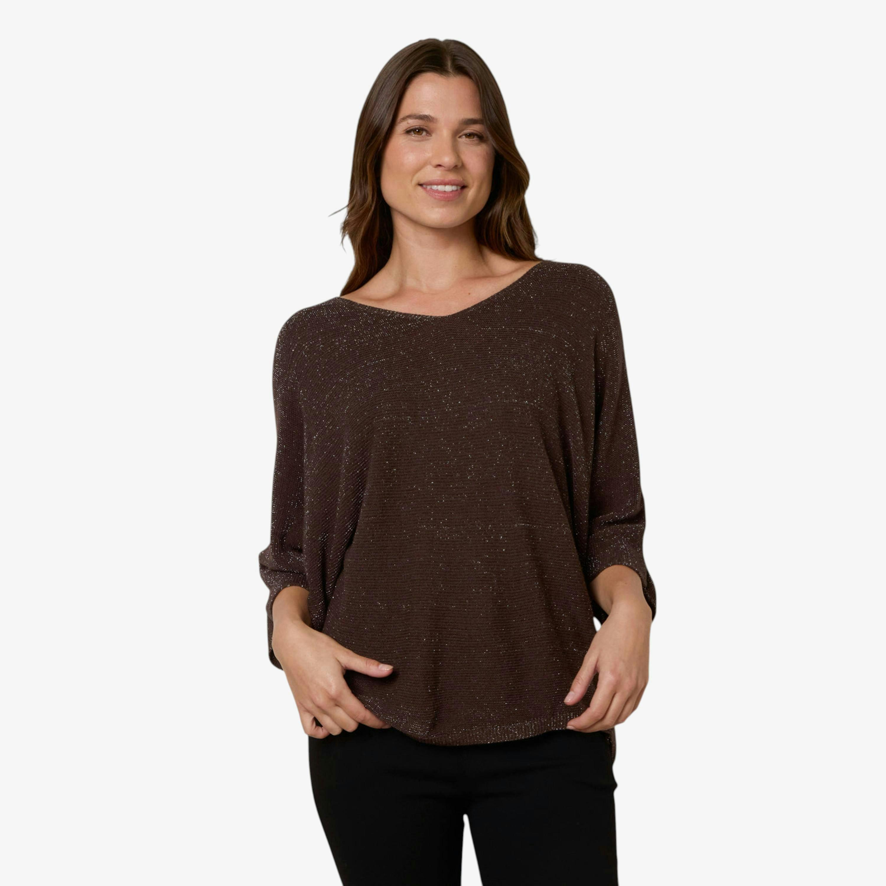 Blue Vanilla Metallic V Neck Knitted Ripple Jumper   in  Brown , view 1 of 1