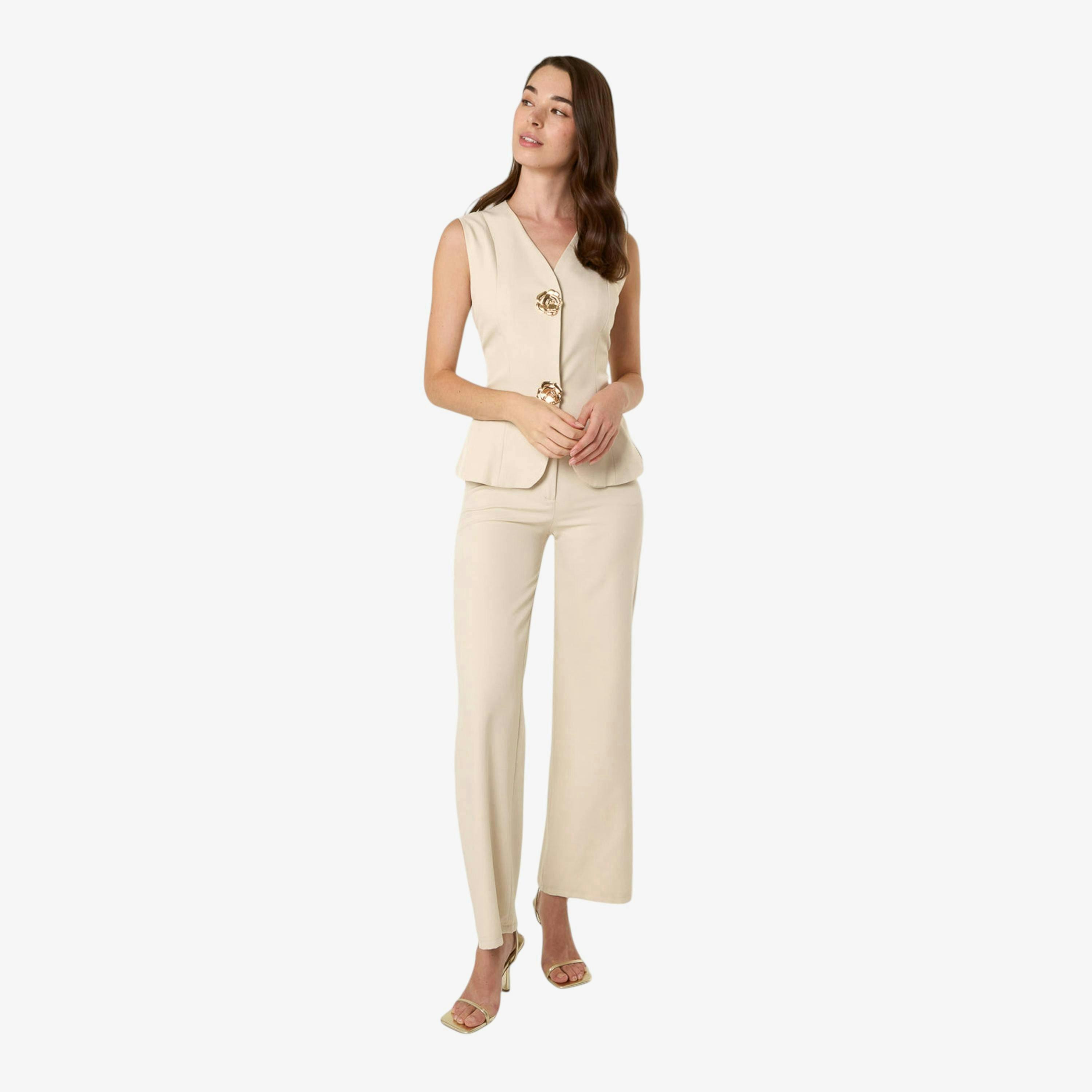 Blue Vanilla Tailored Flower Button Front Sleeveless Vest  in Beige , view 1 of 1
