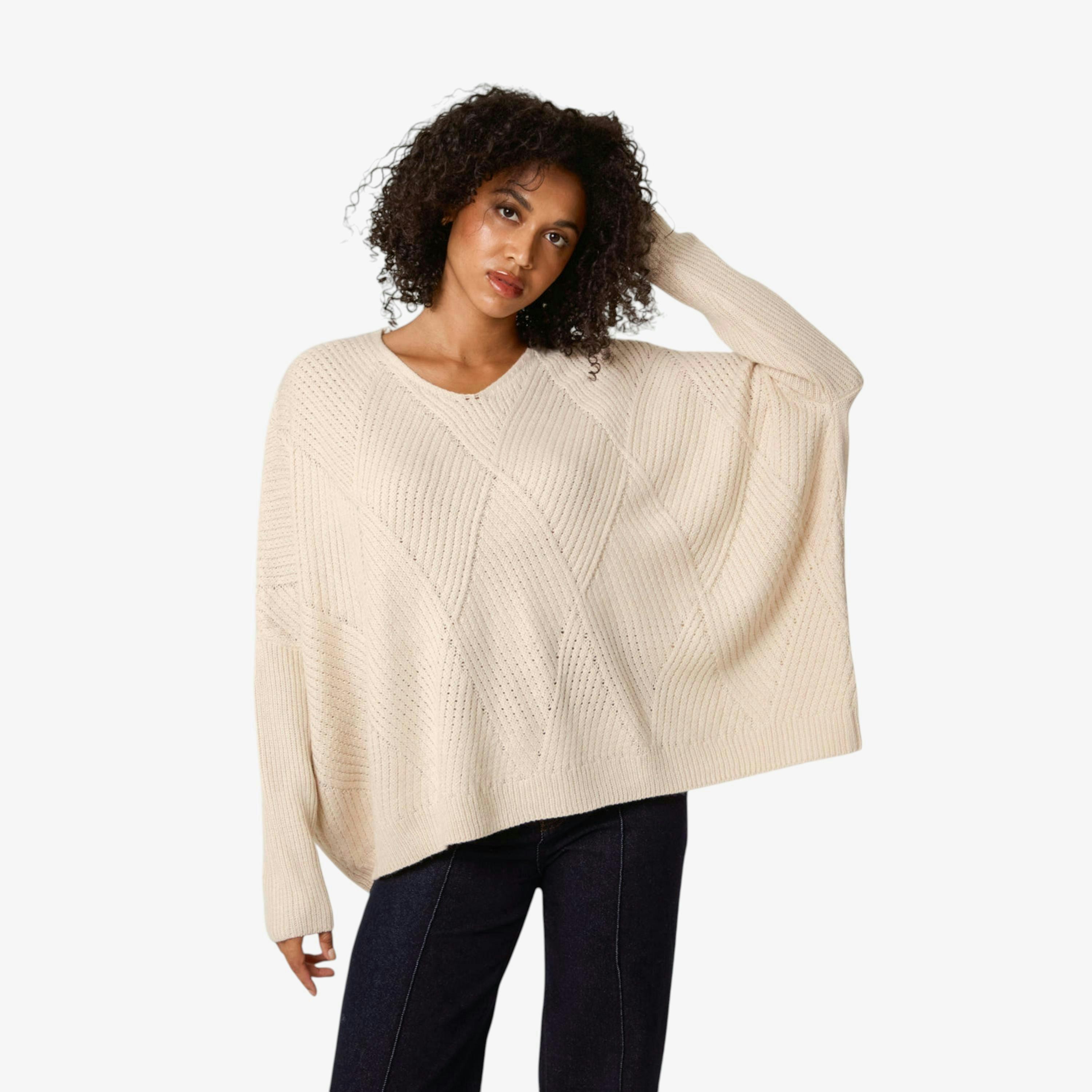 Blue Vanilla Slouchy V Neck Jumper   in  Stone , view 1 of 1