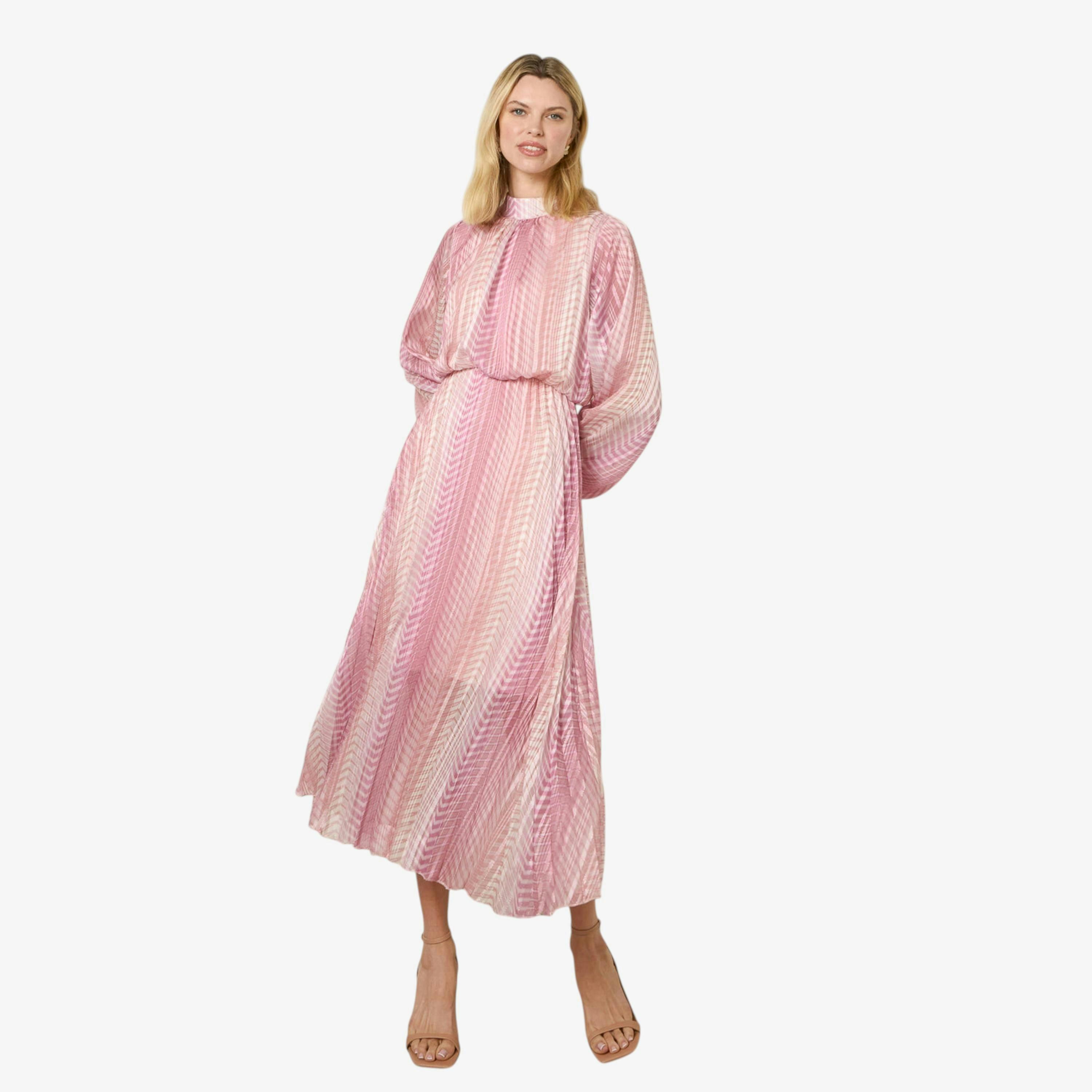 Blue Vanilla Zig Zag Metallic High Neck Puffball Pleated Dress   in  Pink , view 1 of 1