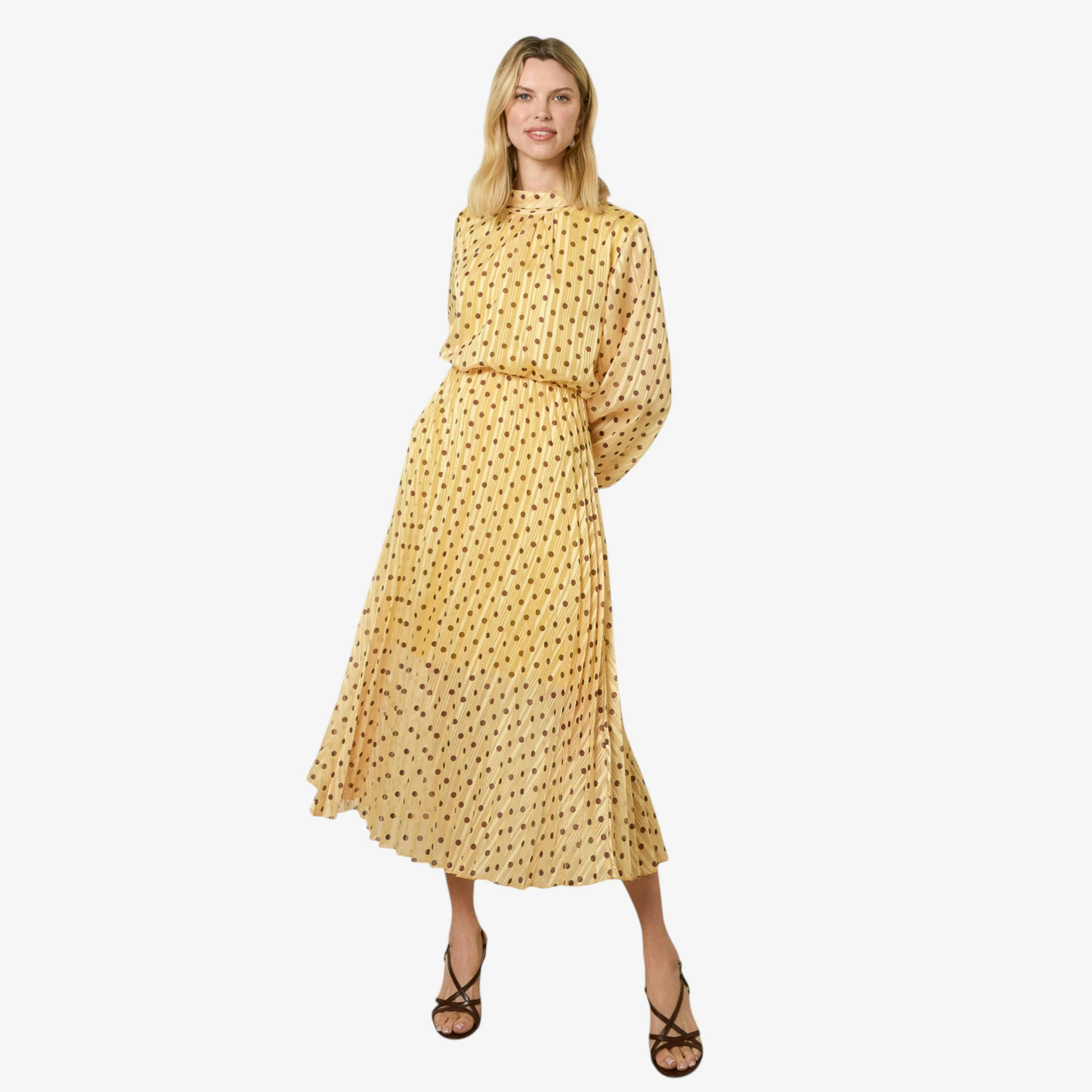 Blue Vanilla Polka Dot Cowl Neck Pleated Long Sleeve Dress  in Yellow , view 1 of 1