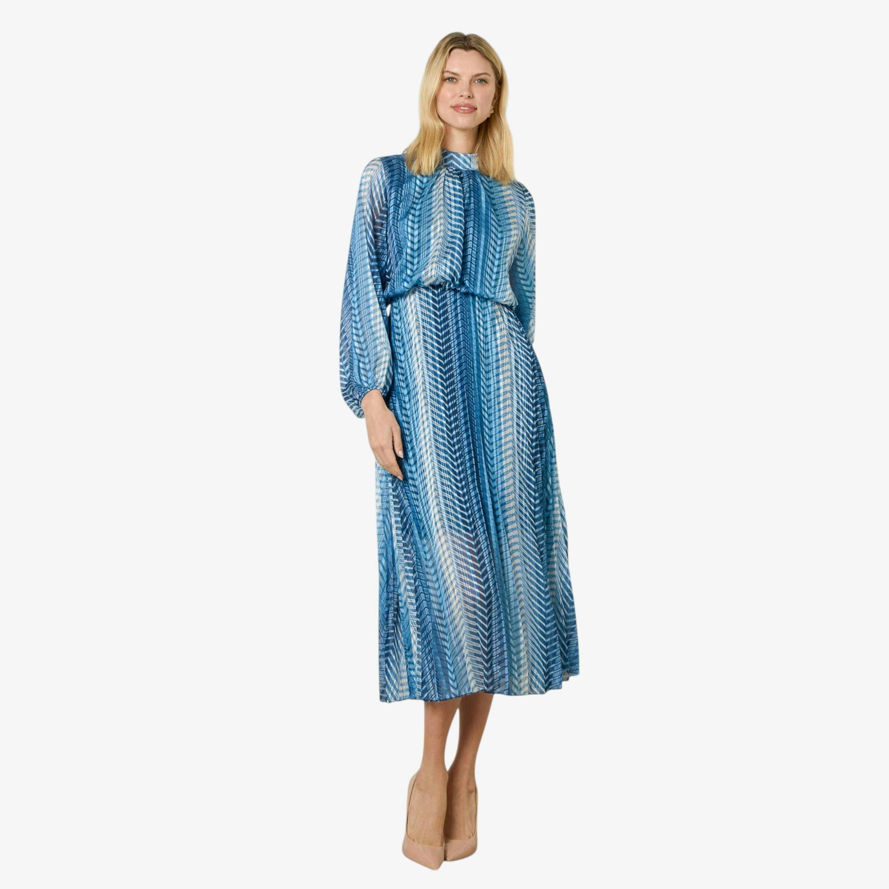 Blue Vanilla Zig Zag Metallic High Neck Puffball Pleated Dress  in Navy , view 1 of 1