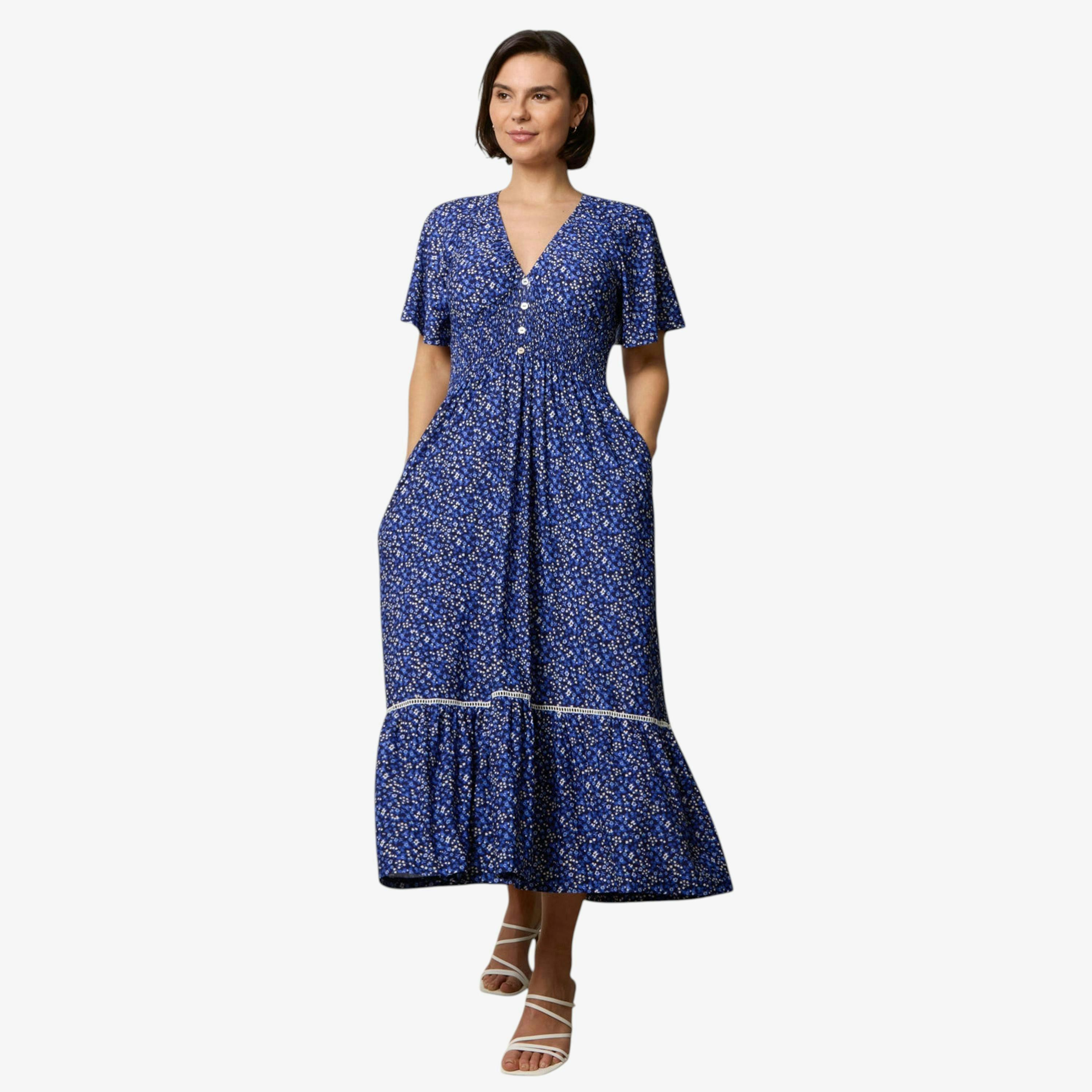 Blue Vanilla Ditsy Floral Button Front Raglan Trim Dress   in  Navy , view 1 of 1