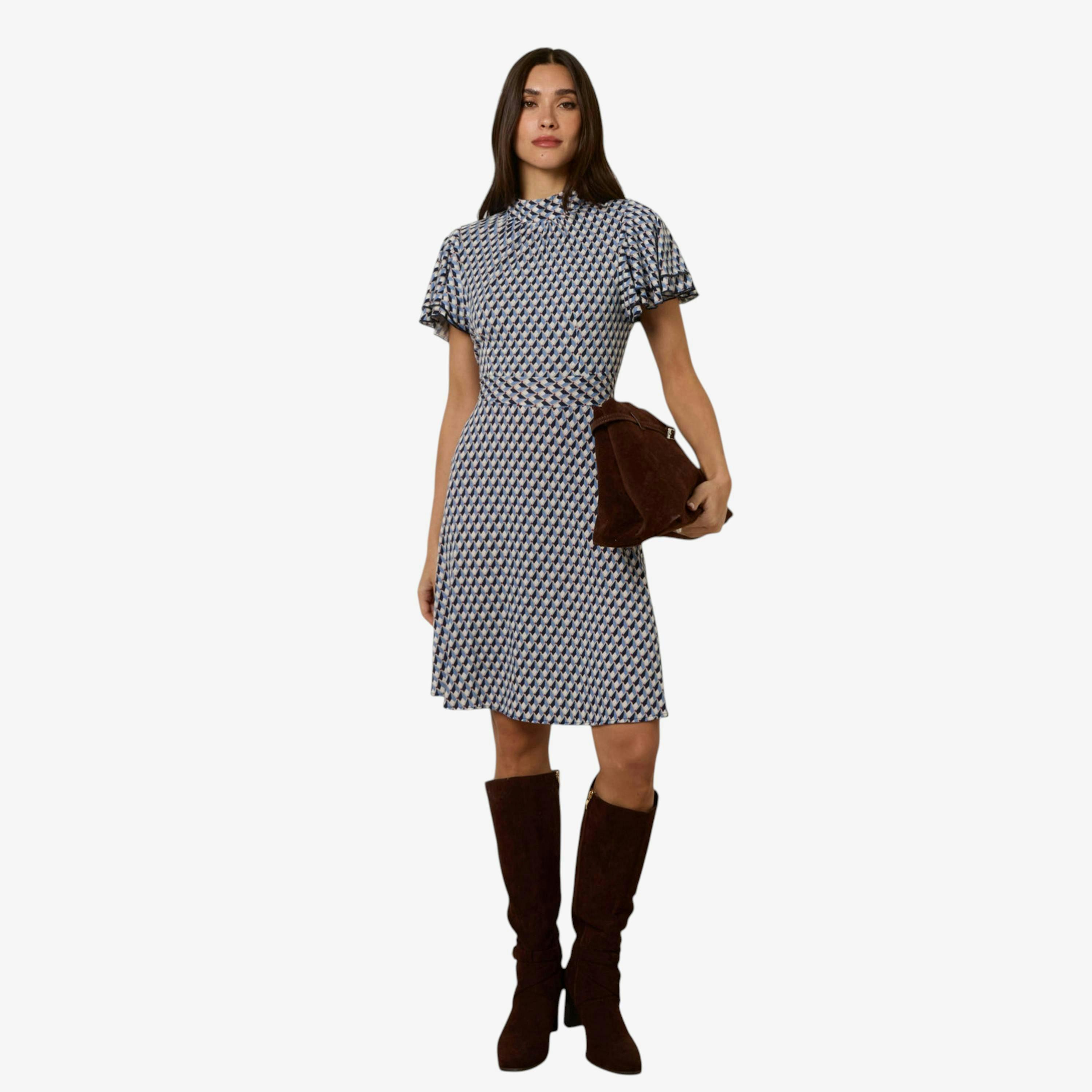 Blue Vanilla High Neck Angel Sleeve Mini Dress  in Multicolour , view 1 of 1