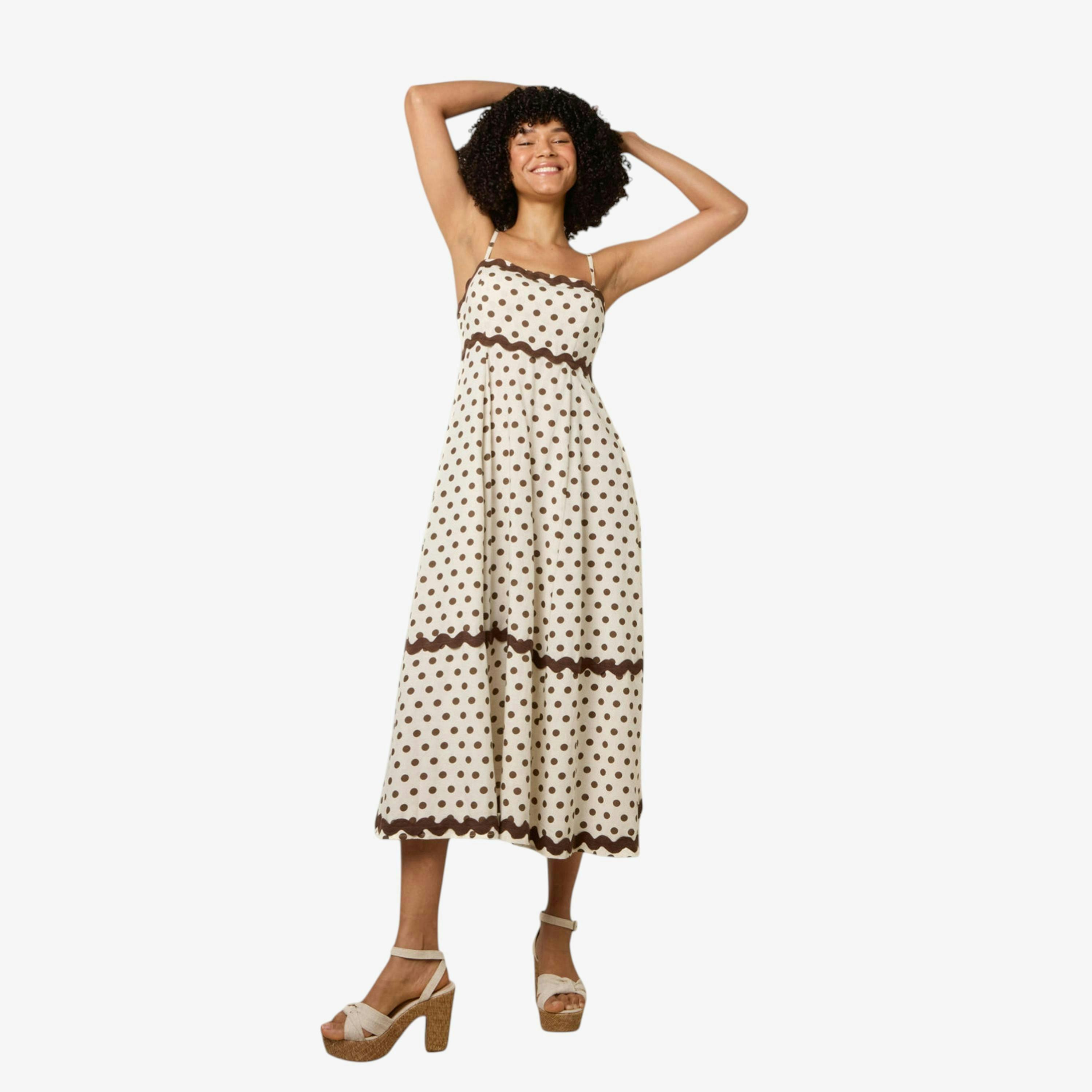 Blue Vanilla Polka Ric Rac Midi Dress  in Stone , view 1 of 1