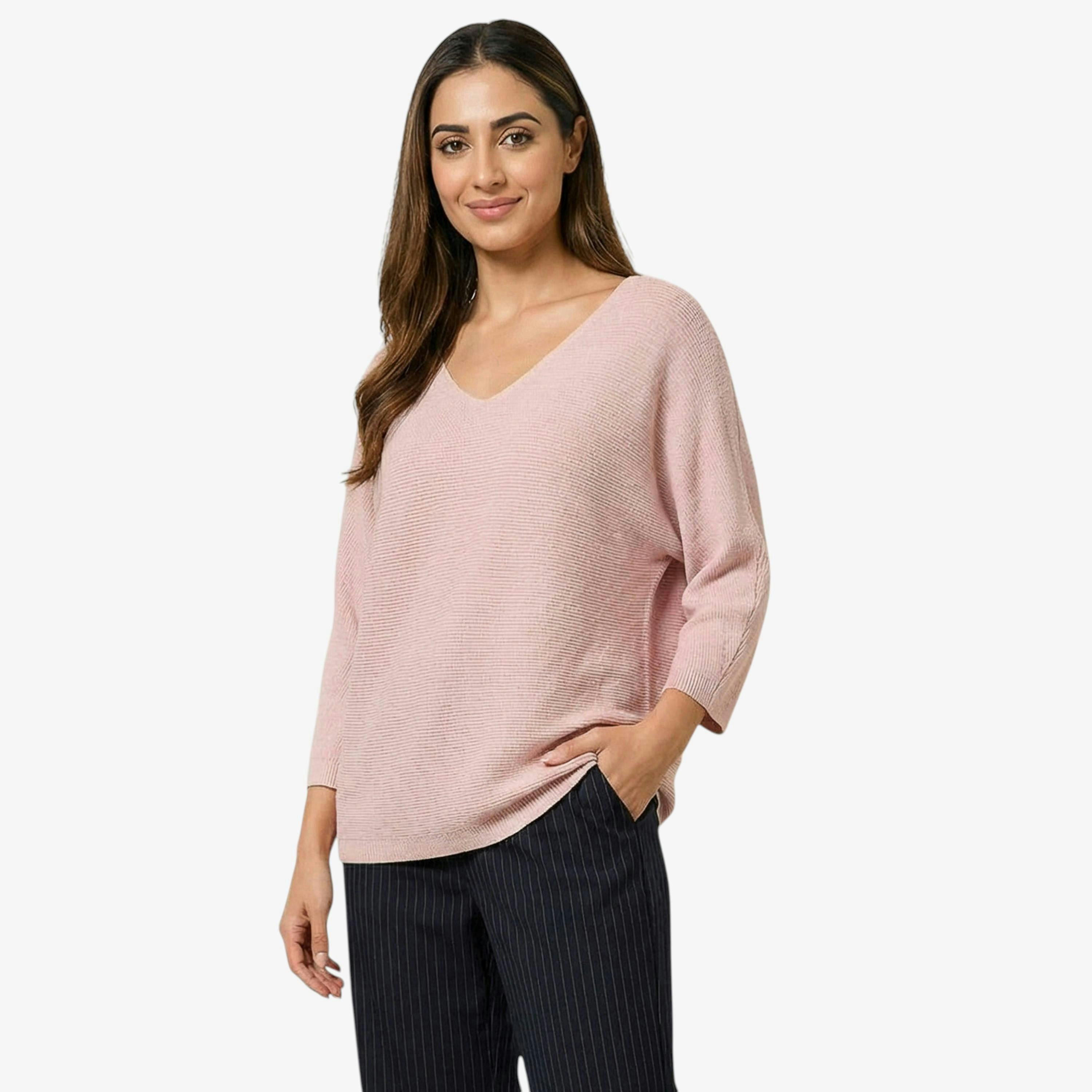 Blue Vanilla Metallic V Neck Knitted Ripple Jumper   in  Pink , view 1 of 1