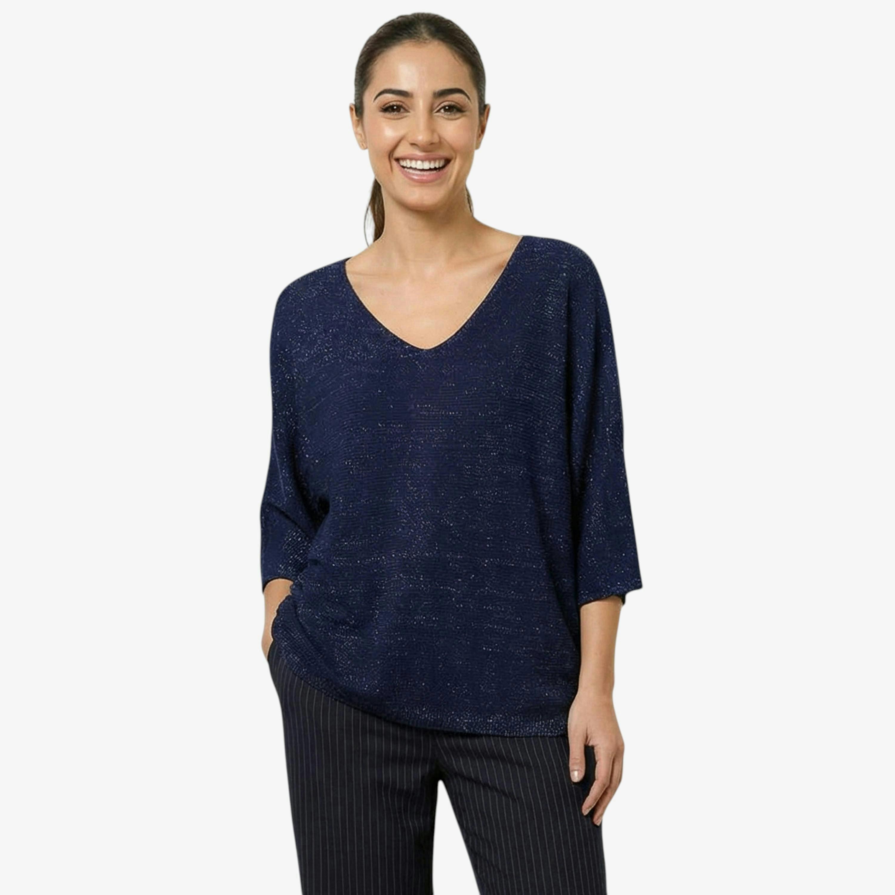 Blue Vanilla Metallic V Neck Knitted Ripple Jumper   in  Navy , view 1 of 1