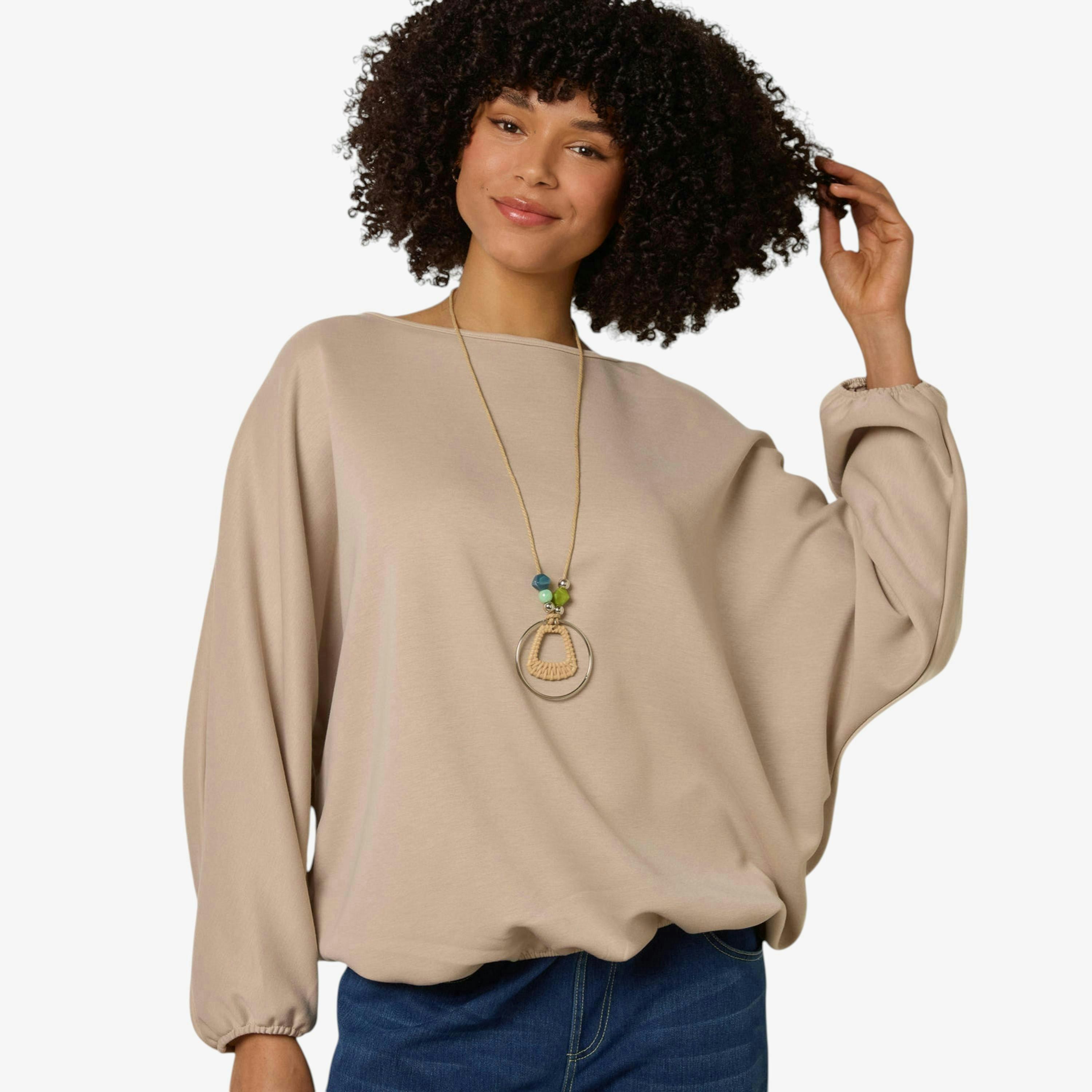 Blue Vanilla Round Neck Elasticated Hem And Sleeve Top  in Stone , view 1 of 1
