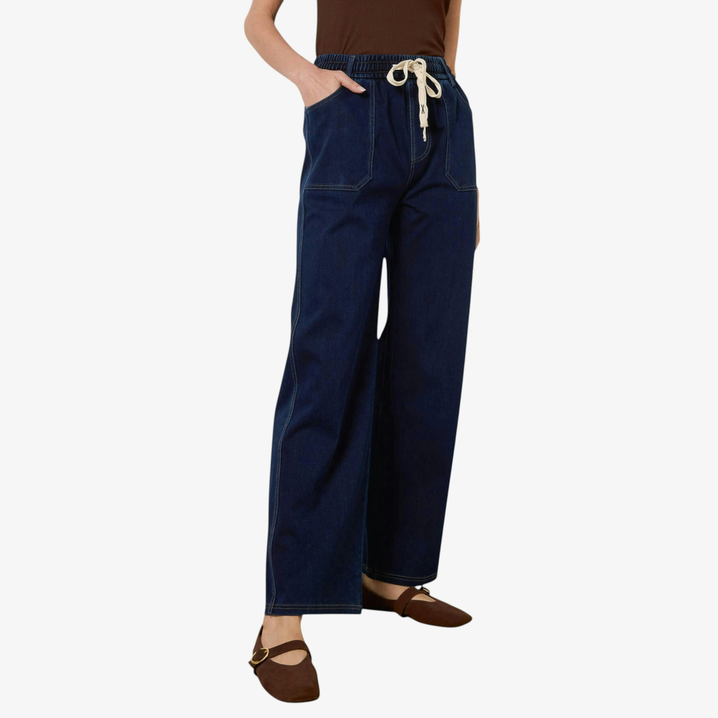 Blue Vanilla Contrast Drawstring Waist Wide Leg Trousers  in Navy , view 1 of 1