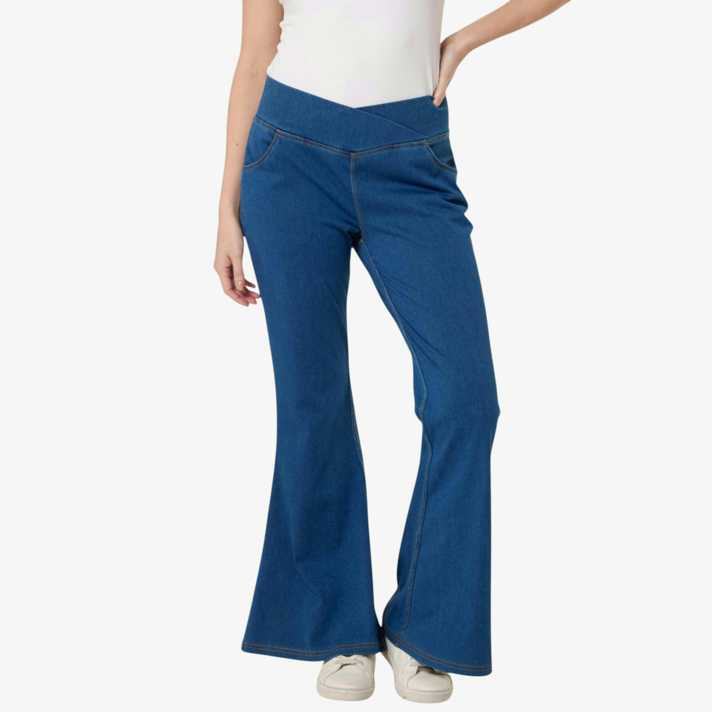 Blue Vanilla Flared Cross Over Waistband Jeans  in Blue , view 1 of 1