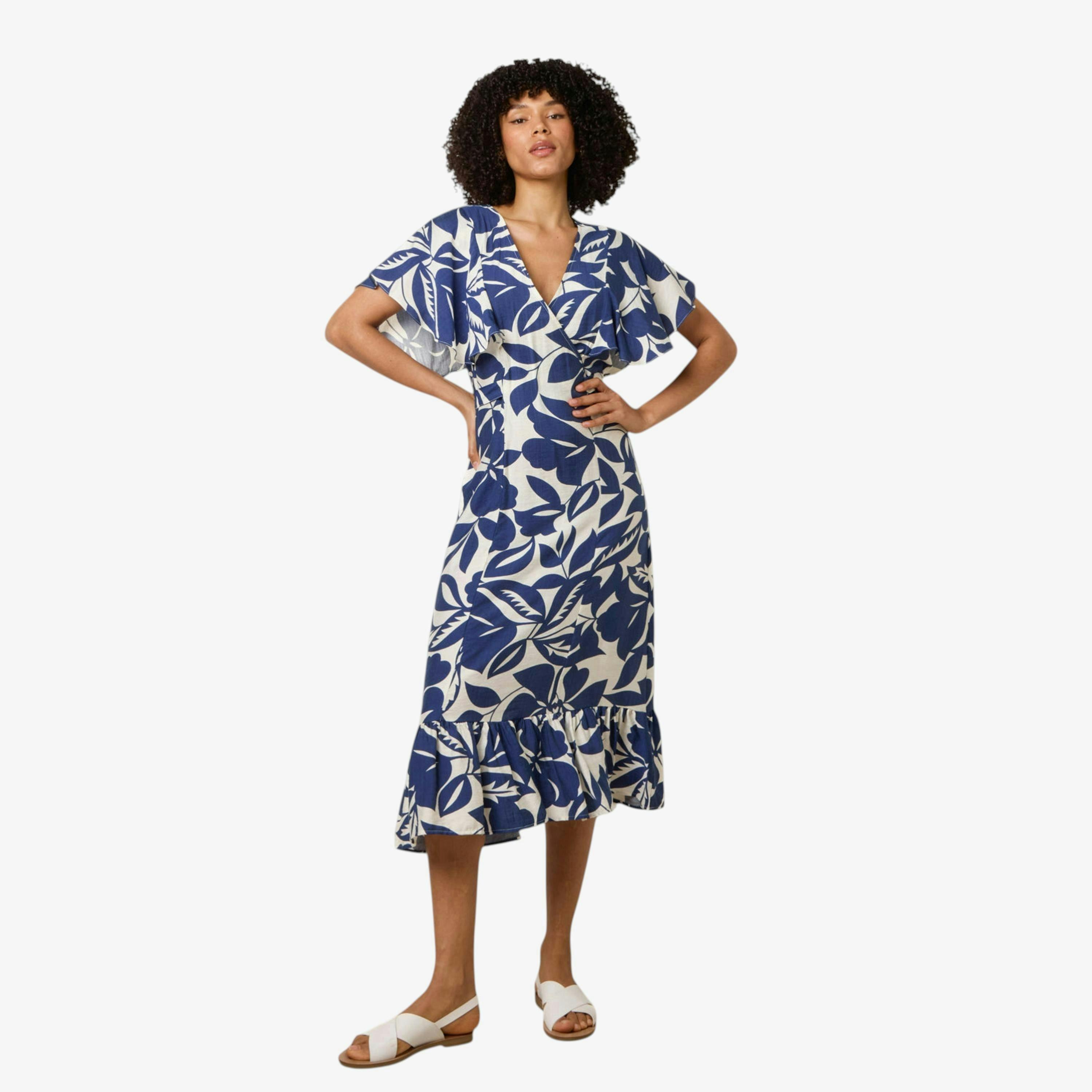 Blue Vanilla Printed V Neck Dress  in Blue , view 1 of 1