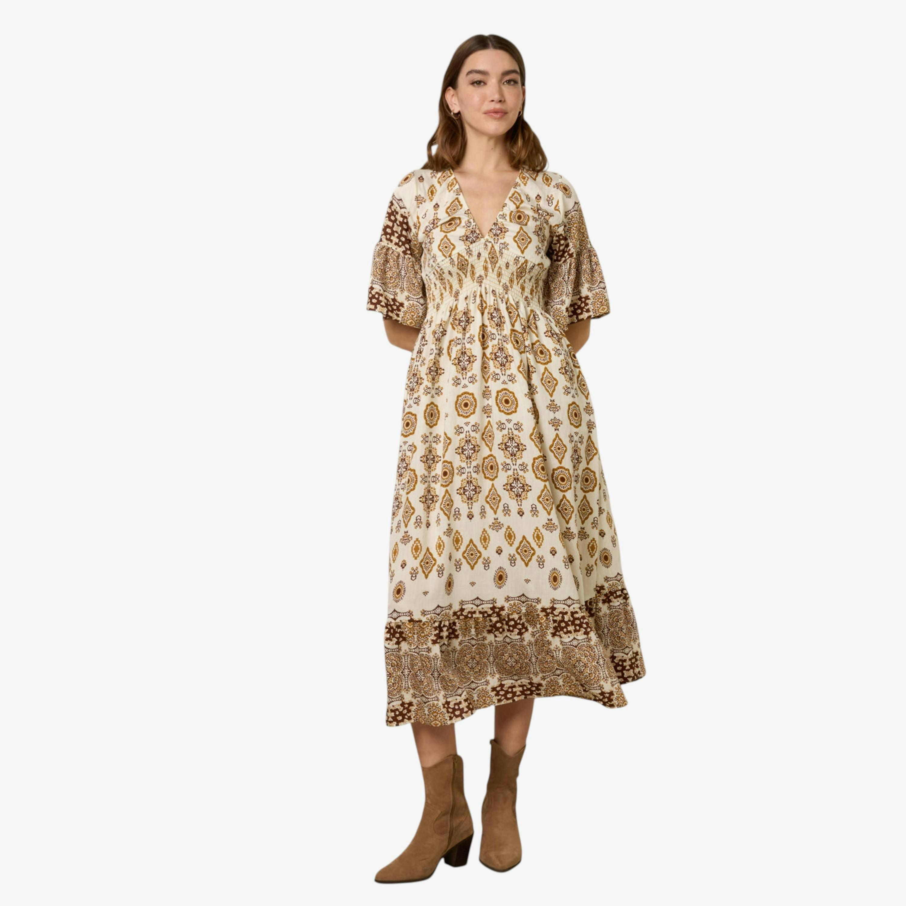 Blue Vanilla V Neck Border Print Maxi Dress   in  Brown , view 1 of 1