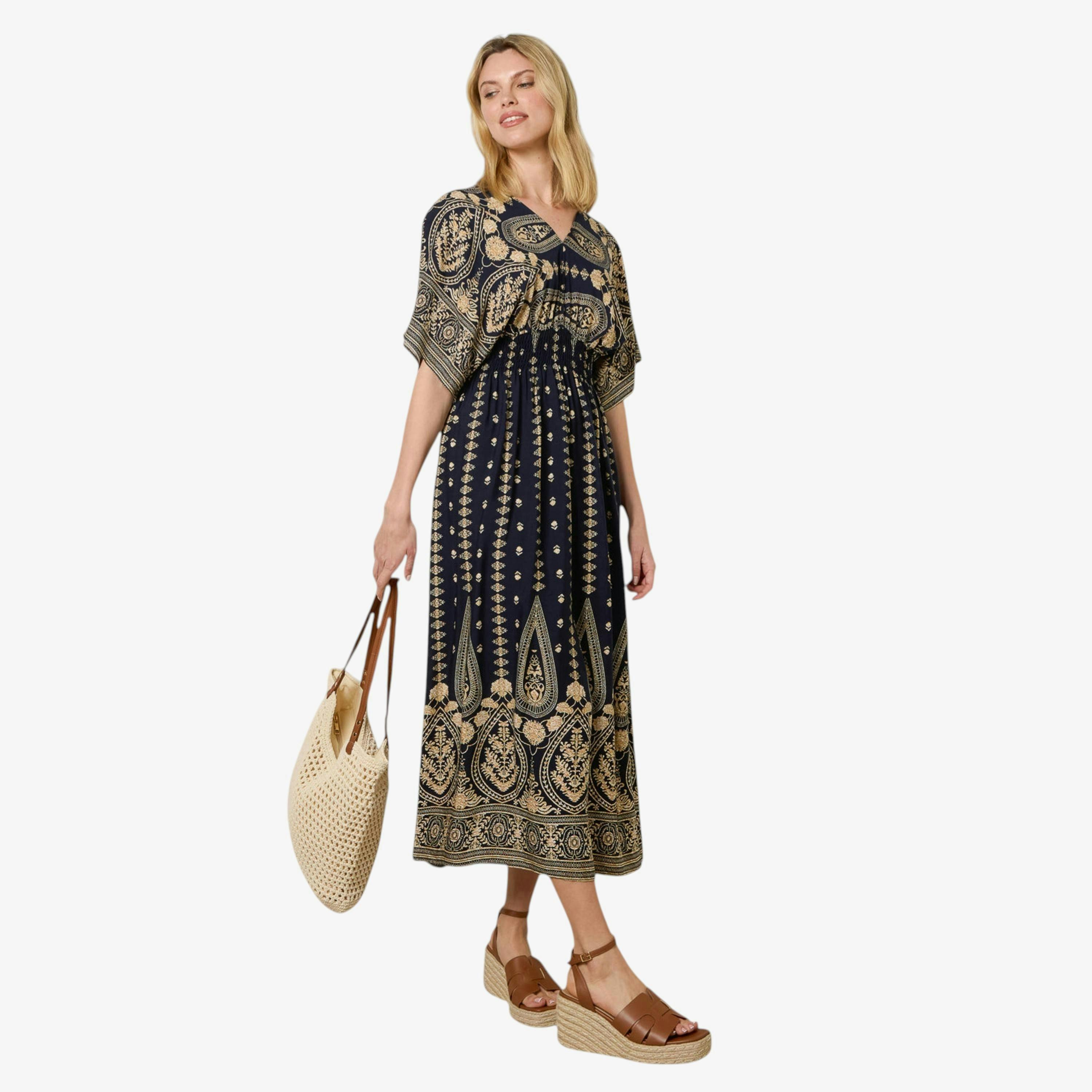Blue Vanilla Floral Border Design Dress  in Navy , view 1 of 1