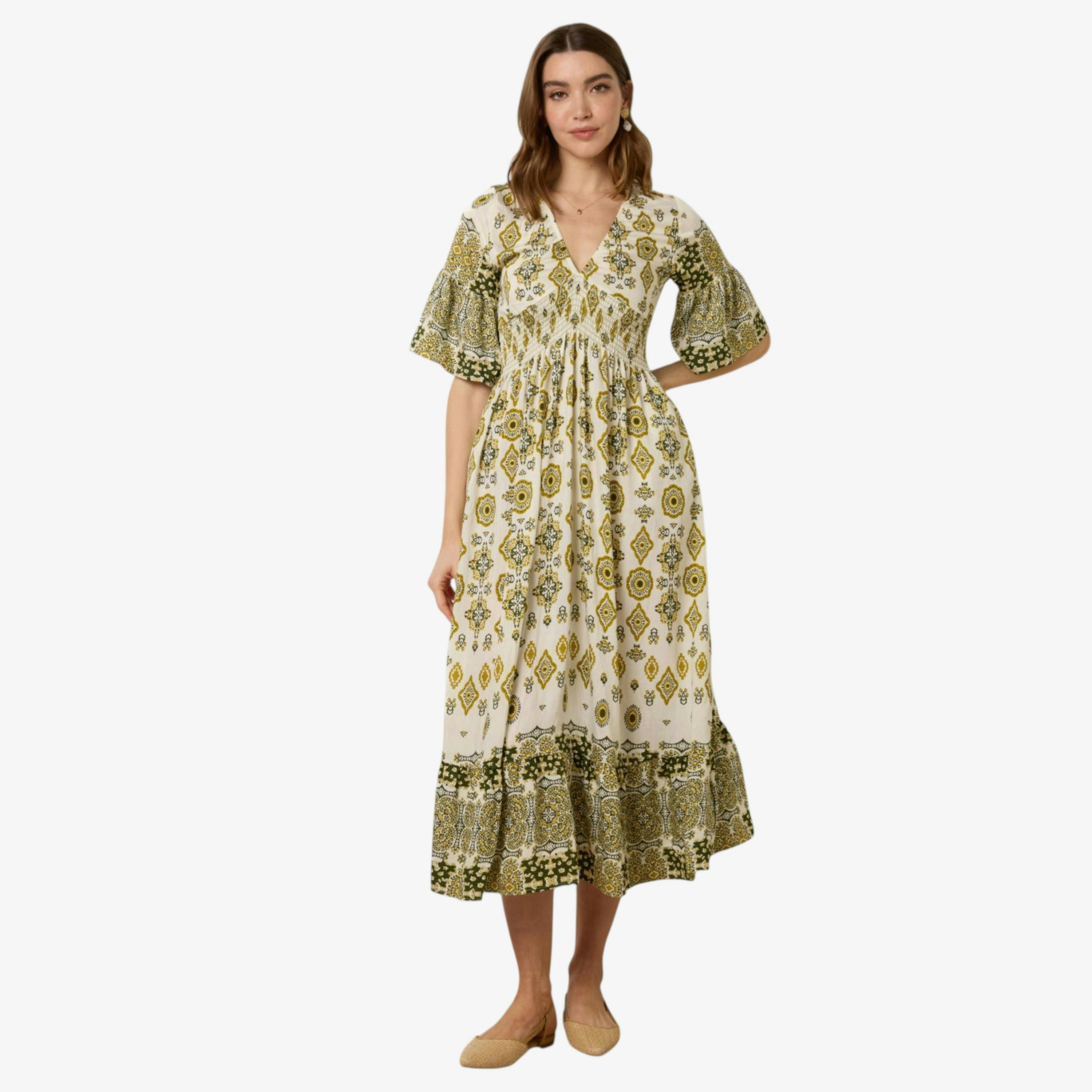 Blue Vanilla V Neck Border Print Dress  in Green , view 1 of 1