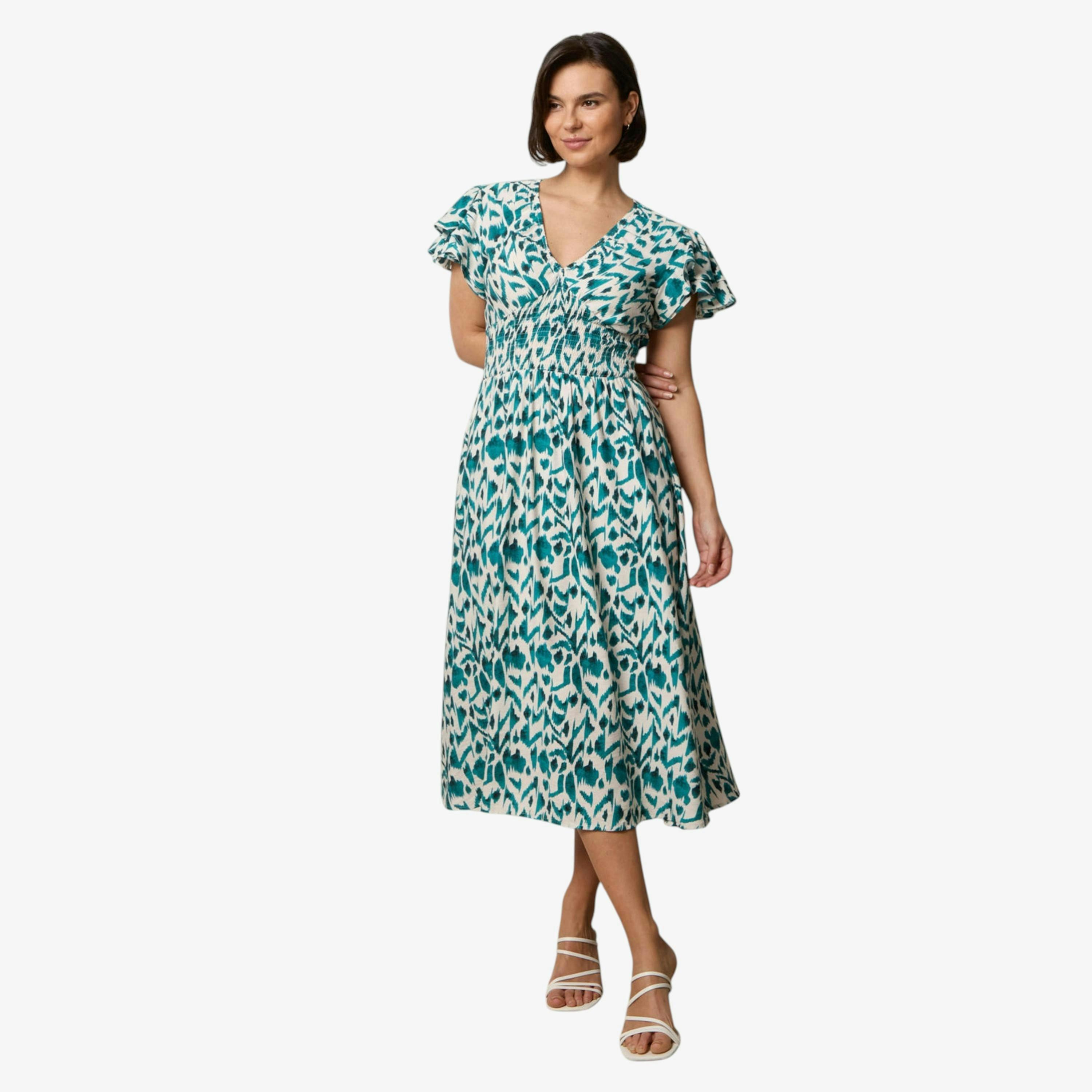 Blue Vanilla Printed V Neck Frill Sleeve Midi Dress  in Green , view 1 of 1