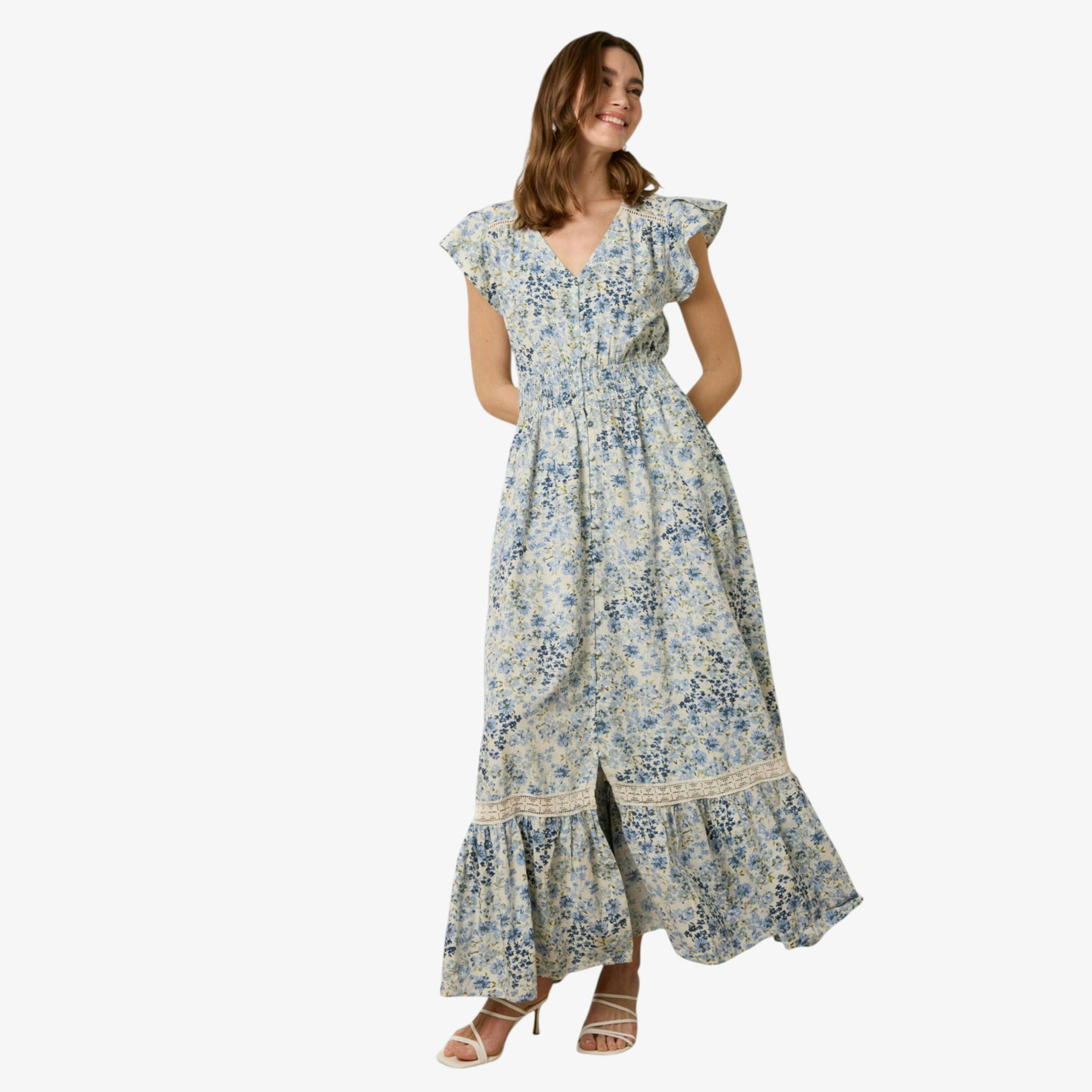 Blue Vanilla Ditsy Floral Print Shirred Waist Button Front Maxi Dress   in  Blue , view 1 of 1
