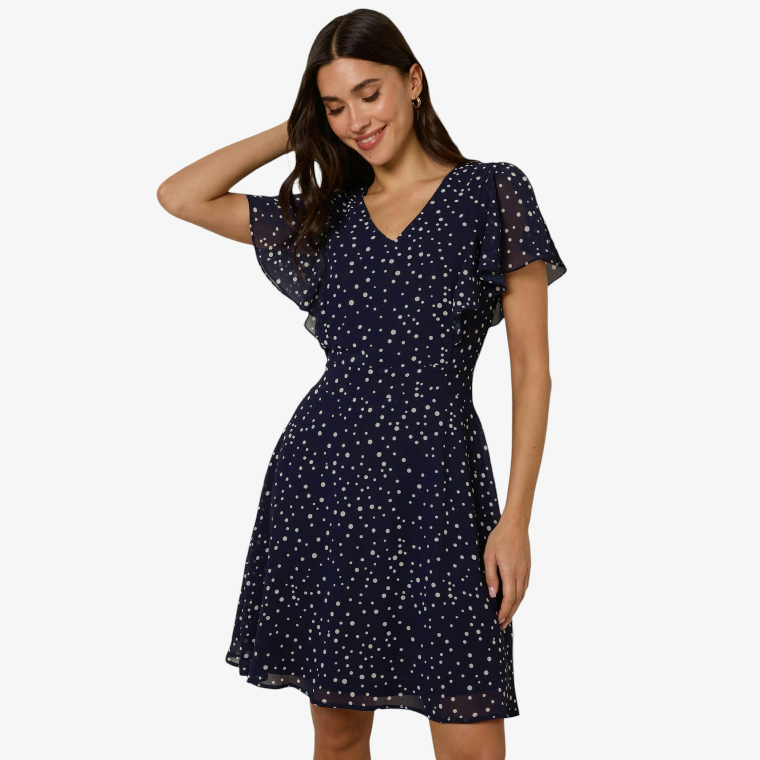 Blue Vanilla Polka Dot V Neck Tie Back Mini Dress  in Navy , view 1 of 1