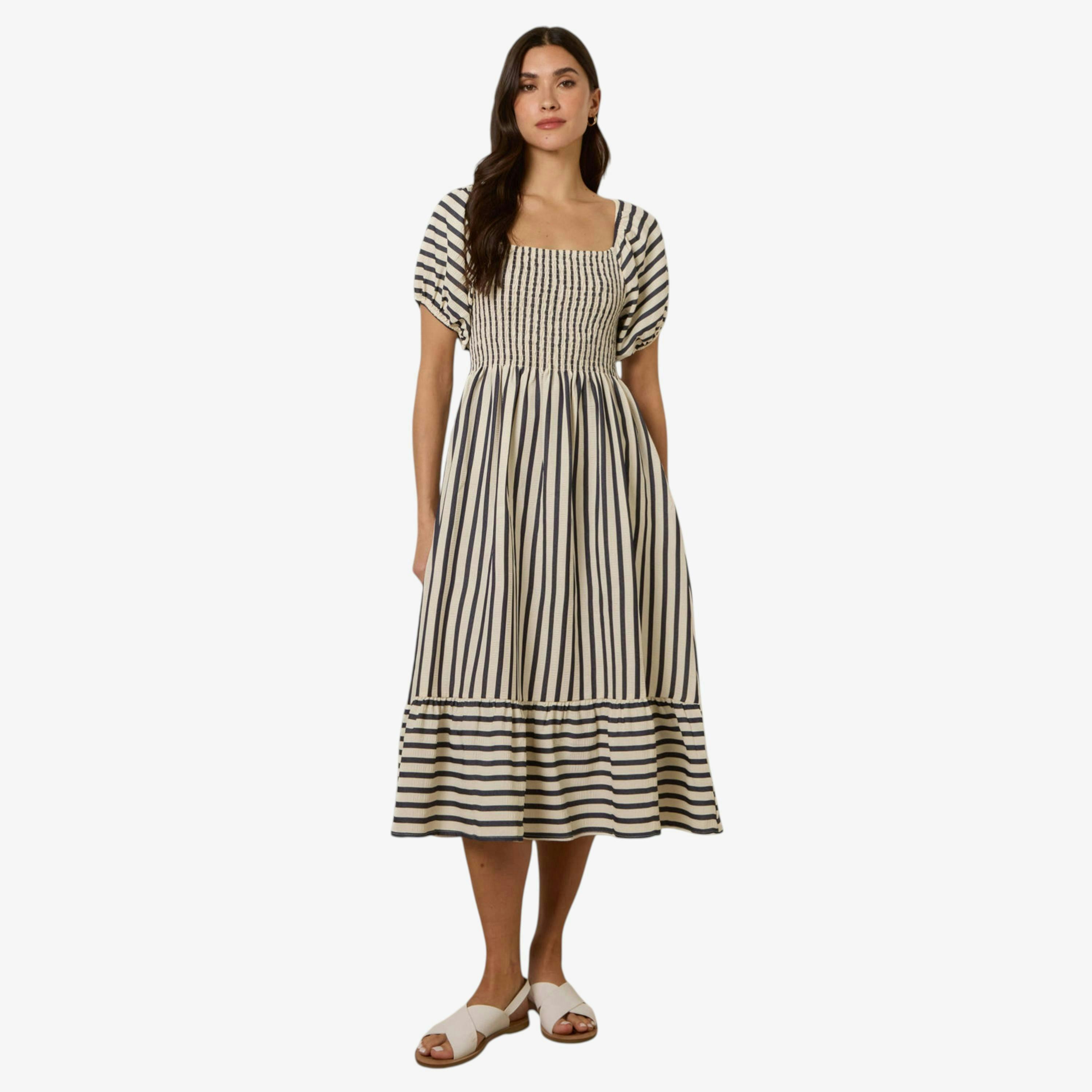 Blue Vanilla Square Neck Puff Sleeve Stripe Midi Dress  in Blue , view 1 of 1