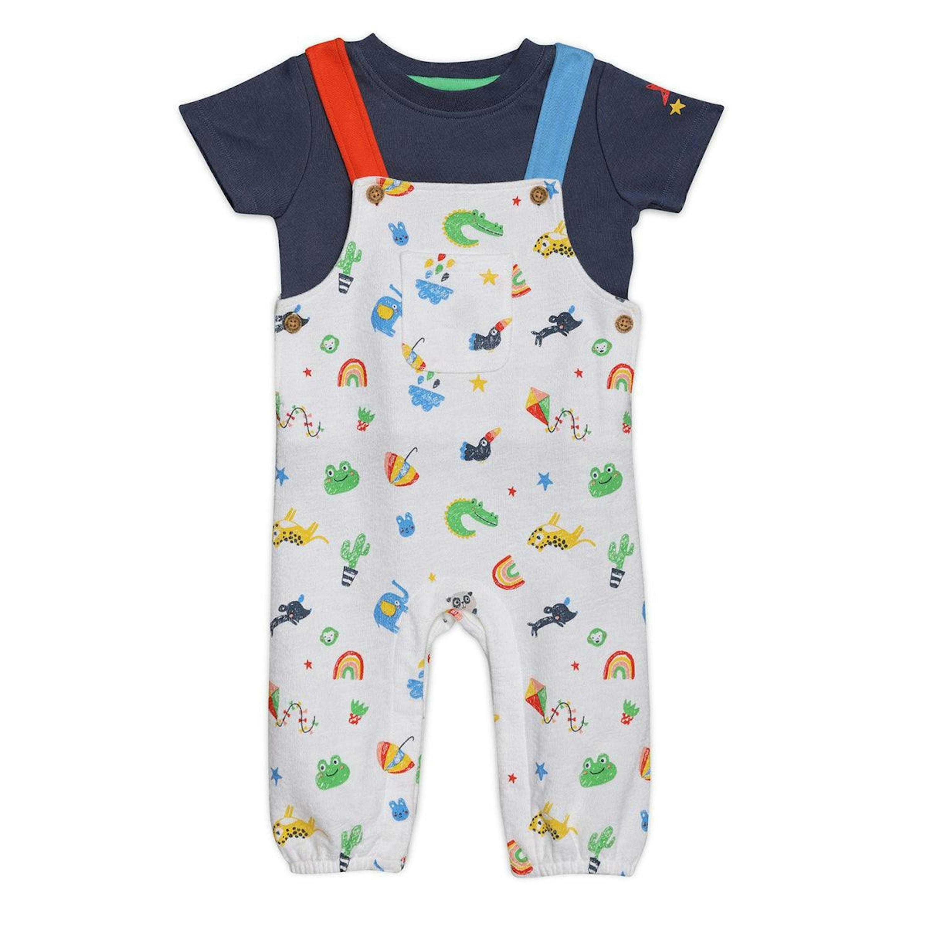 Baby Boys Animal & Rainbow Printed Dungaree Set, Multicolour , view 1 of 1