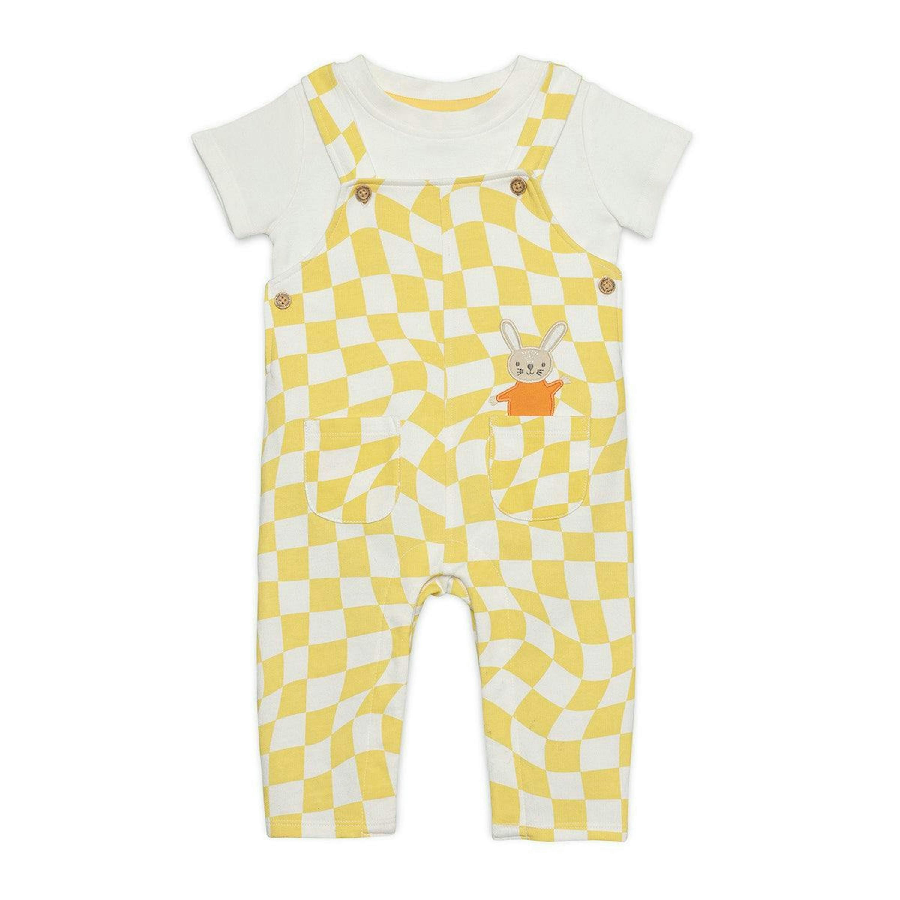 Baby Boys Checked Dungaree Set With Bunny Applique, Yellow , view 1 of 1