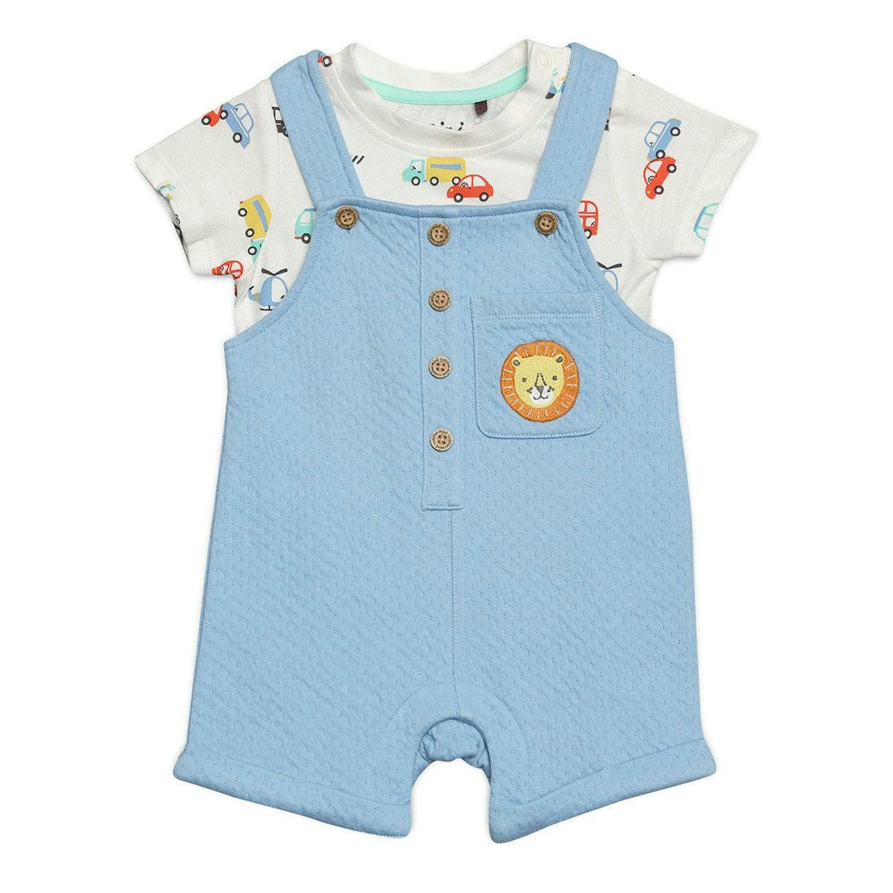 Baby Boys Lion Patch Dungaree Set With Matching Cap, Blue , view 1 of 1