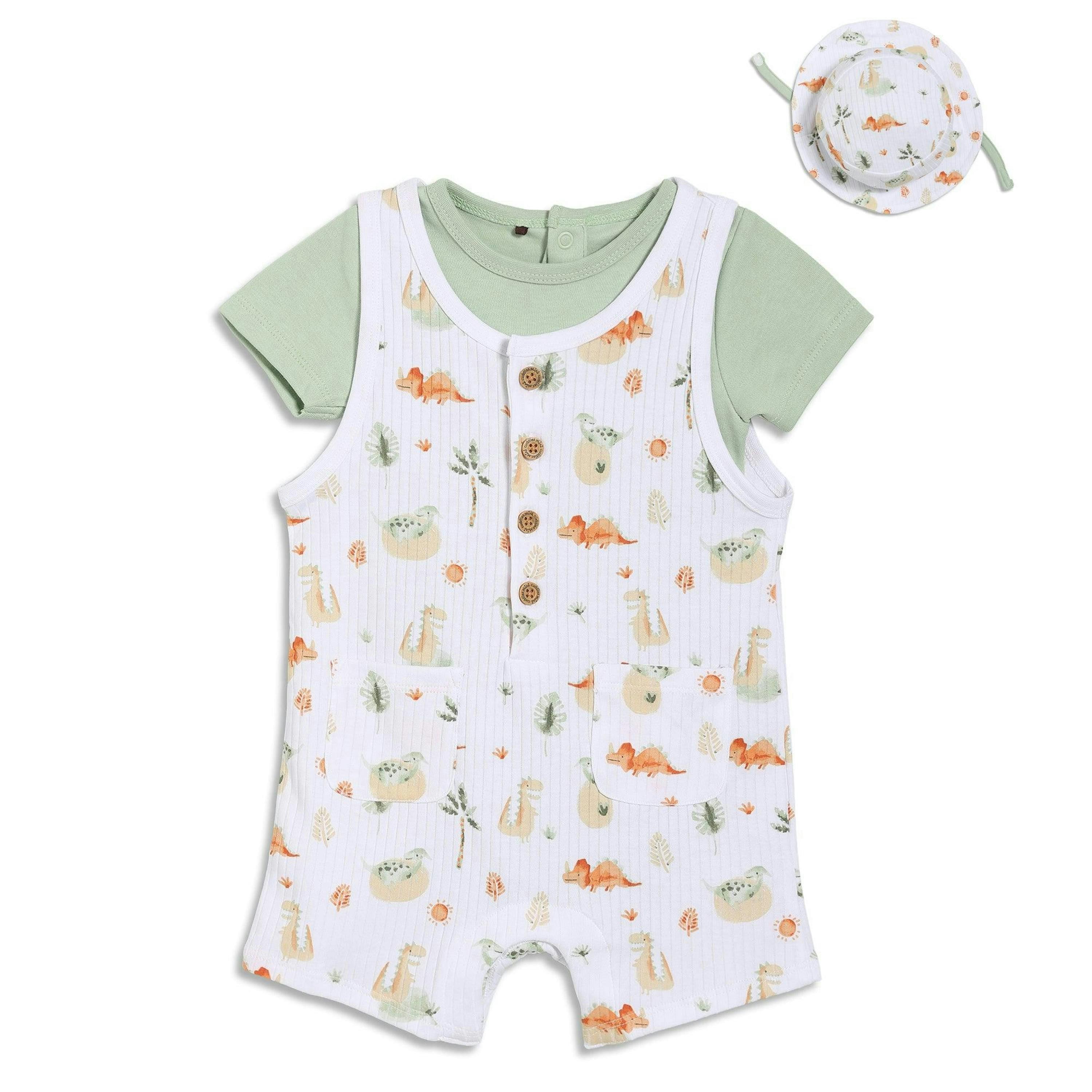 Baby Boys Dinosaur Printed Dungaree Set With Matching Cap, Multicolour , view 1 of 1