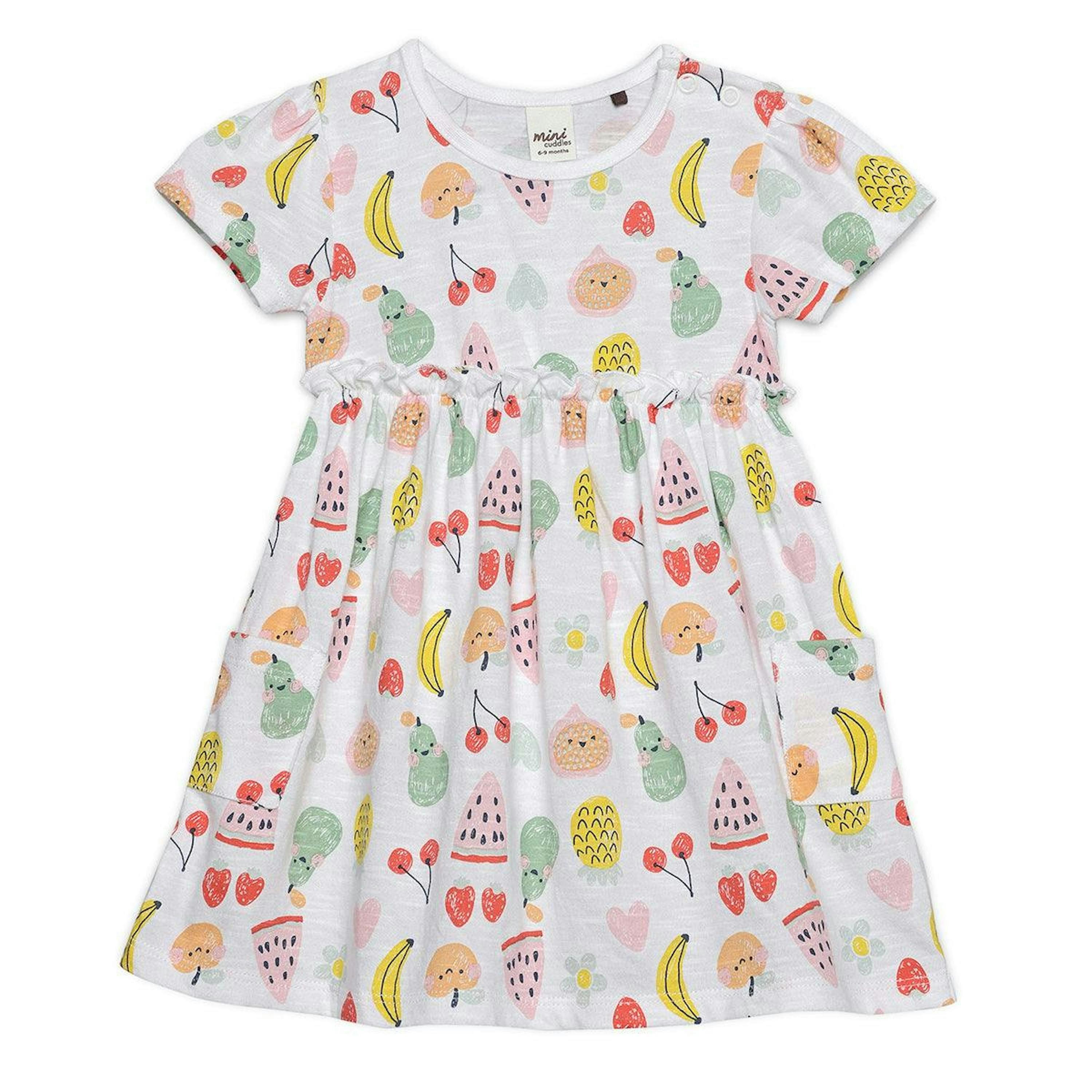 Baby Girls All-Over Fruit Printed Dress, White , view 1 of 1