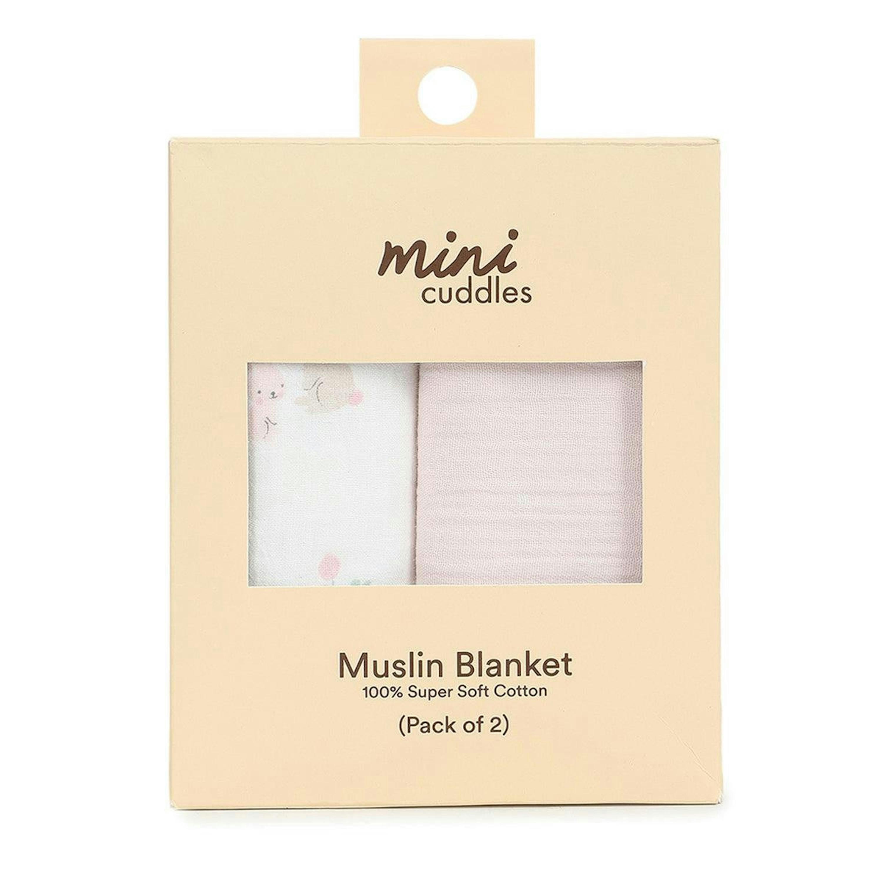 Baby Girls 2pk Solid & Rabbit Printed Muslins, Multicolour , view 1 of 1